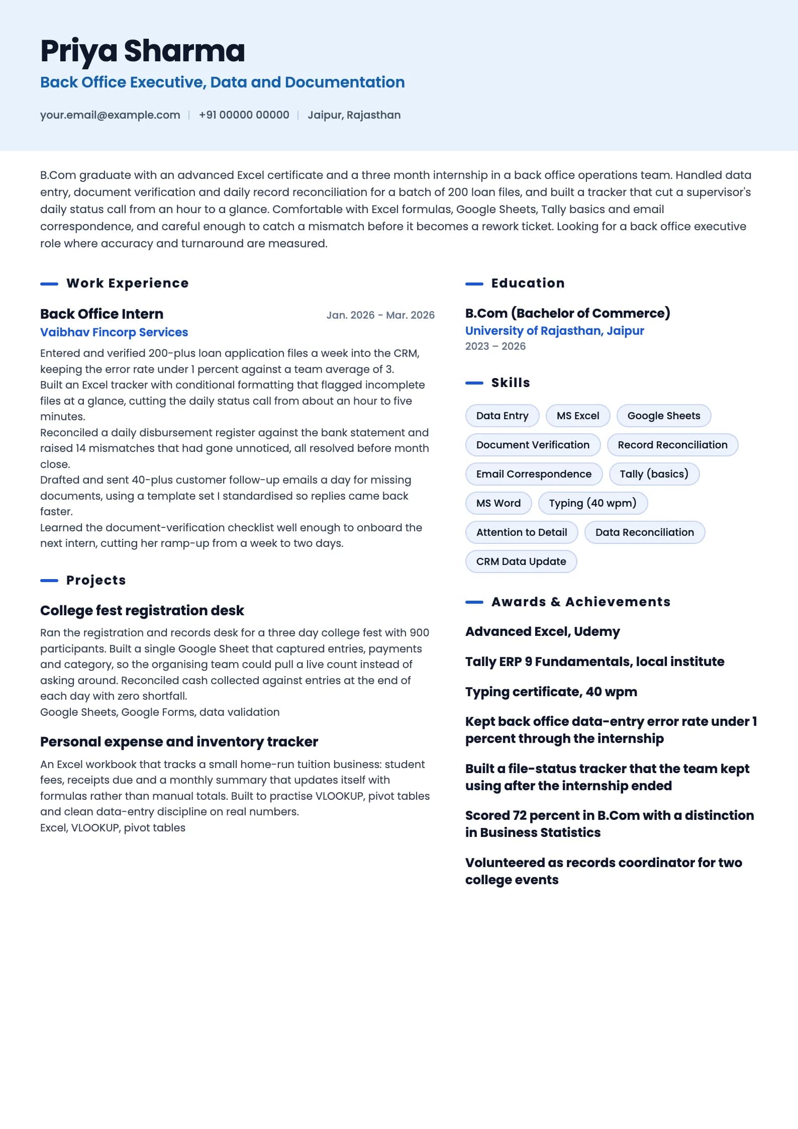 Back Office Executive resume example for Fresher (0 years), ai-era template, showing professional summary, work experience, projects, skills, education and certifications