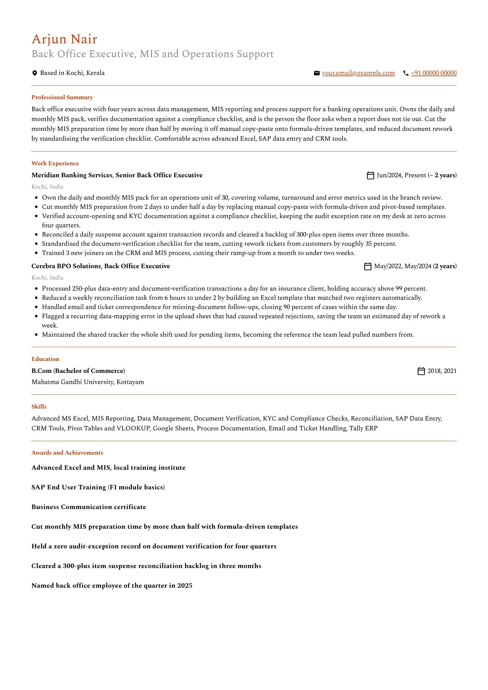 Back Office Executive resume example for Mid-level (4 years), professional template, showing professional summary, work experience, skills, education and certifications