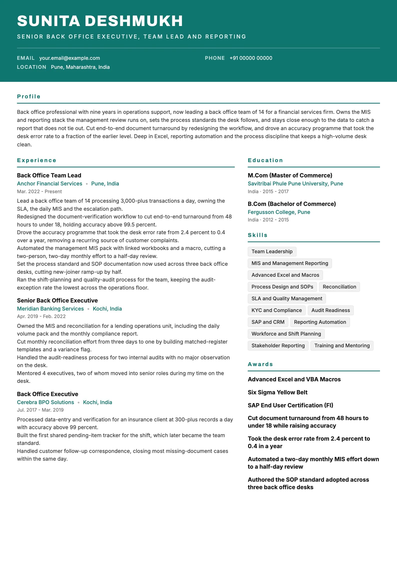 Back Office Executive resume example for Senior (9 years), header-band template, showing professional summary, work experience, skills, education and certifications