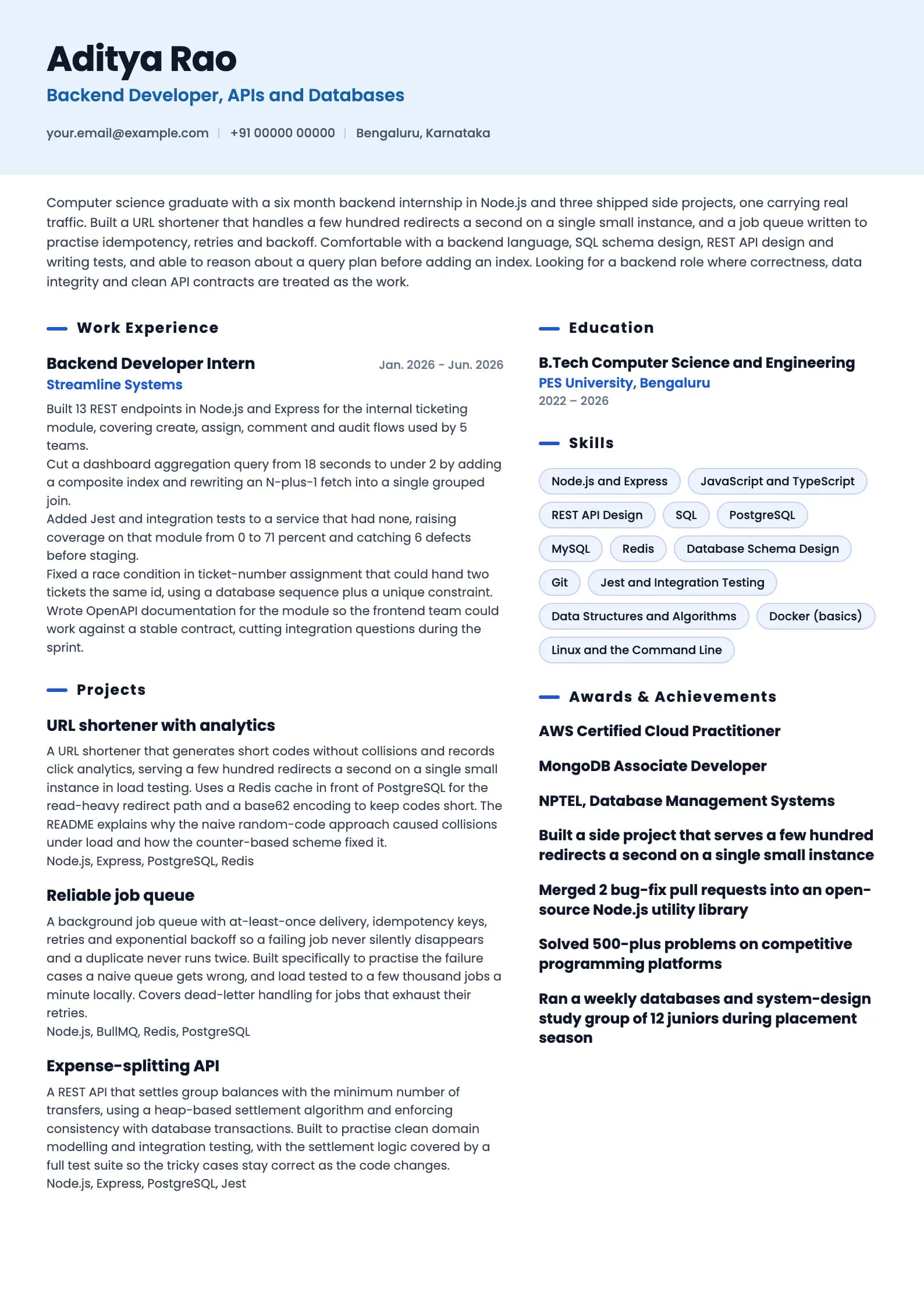 Backend Developer resume example for Fresher (0 years), ai-era template, showing professional summary, work experience, projects, skills, education and certifications