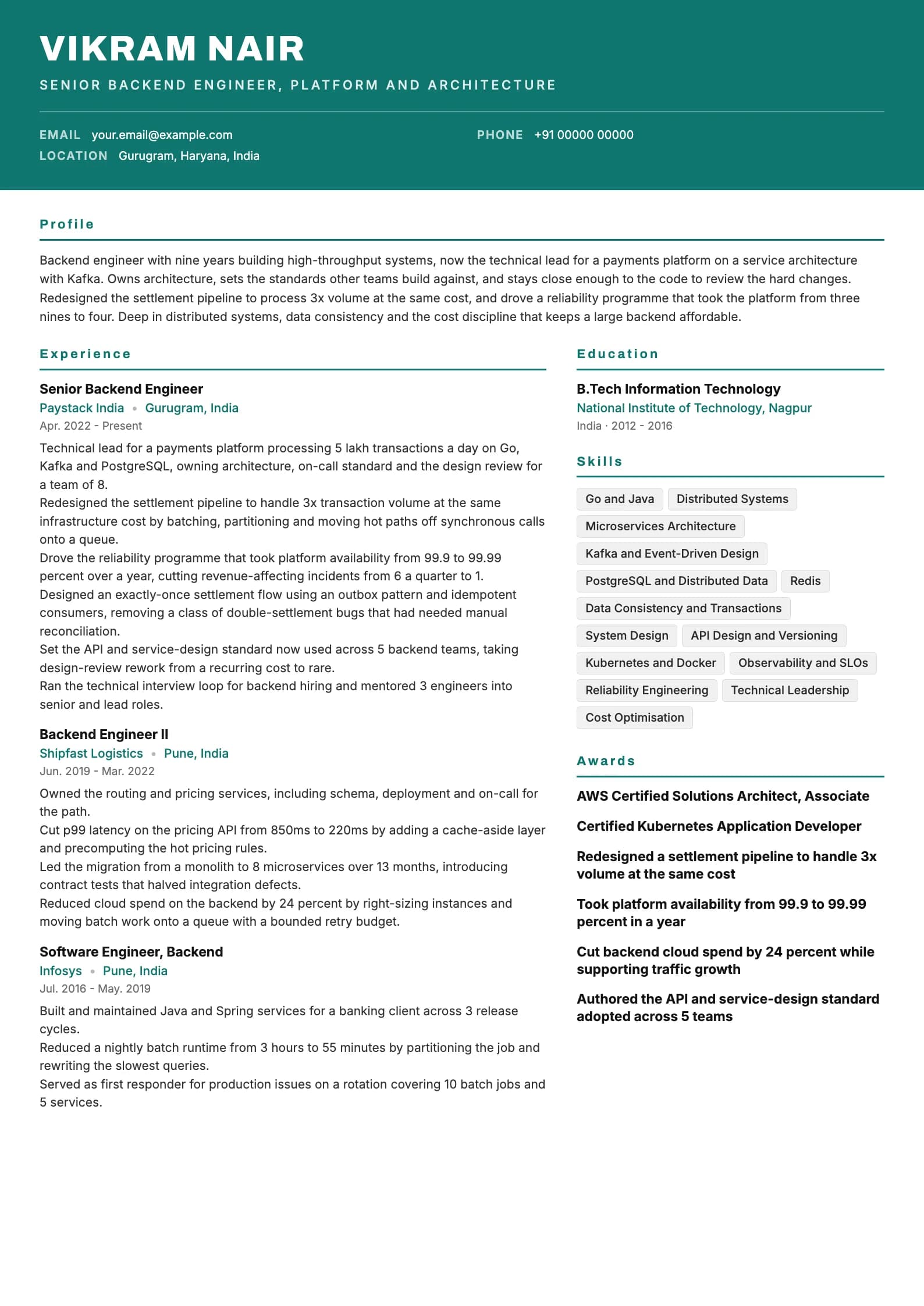 Backend Developer resume example for Senior (9 years), header-band template, showing professional summary, work experience, skills, education and certifications