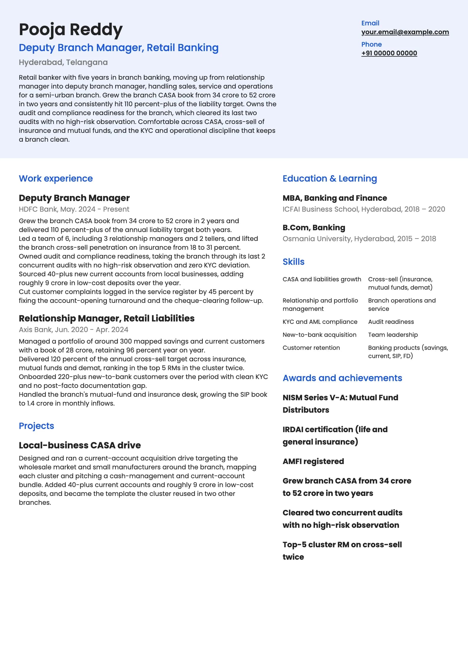 Bank Manager resume example for Deputy Branch Manager (5 years), modern template, showing professional summary, work experience, projects, skills, education and certifications