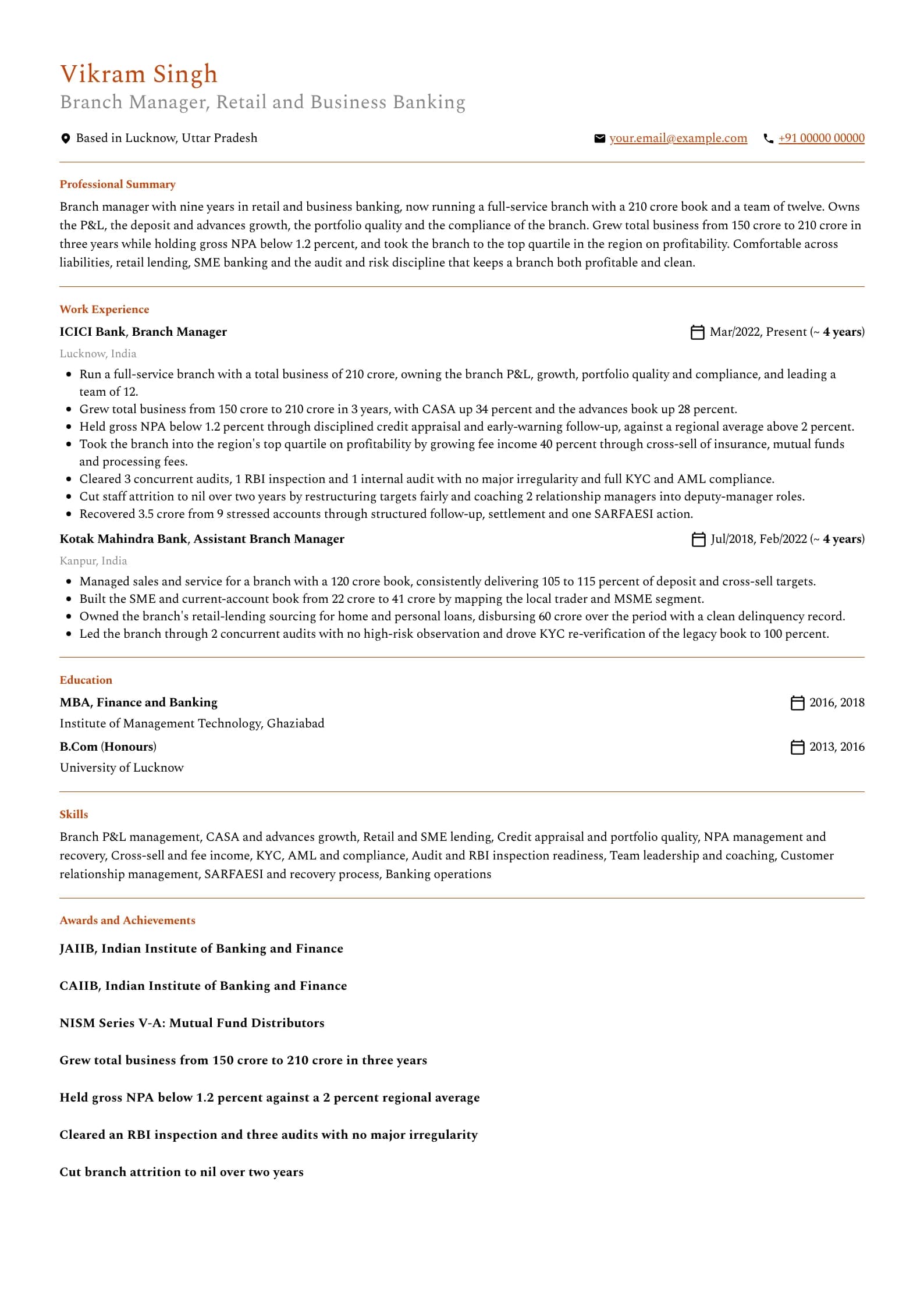 Bank Manager resume example for Branch Manager (9 years), professional template, showing professional summary, work experience, skills, education and certifications