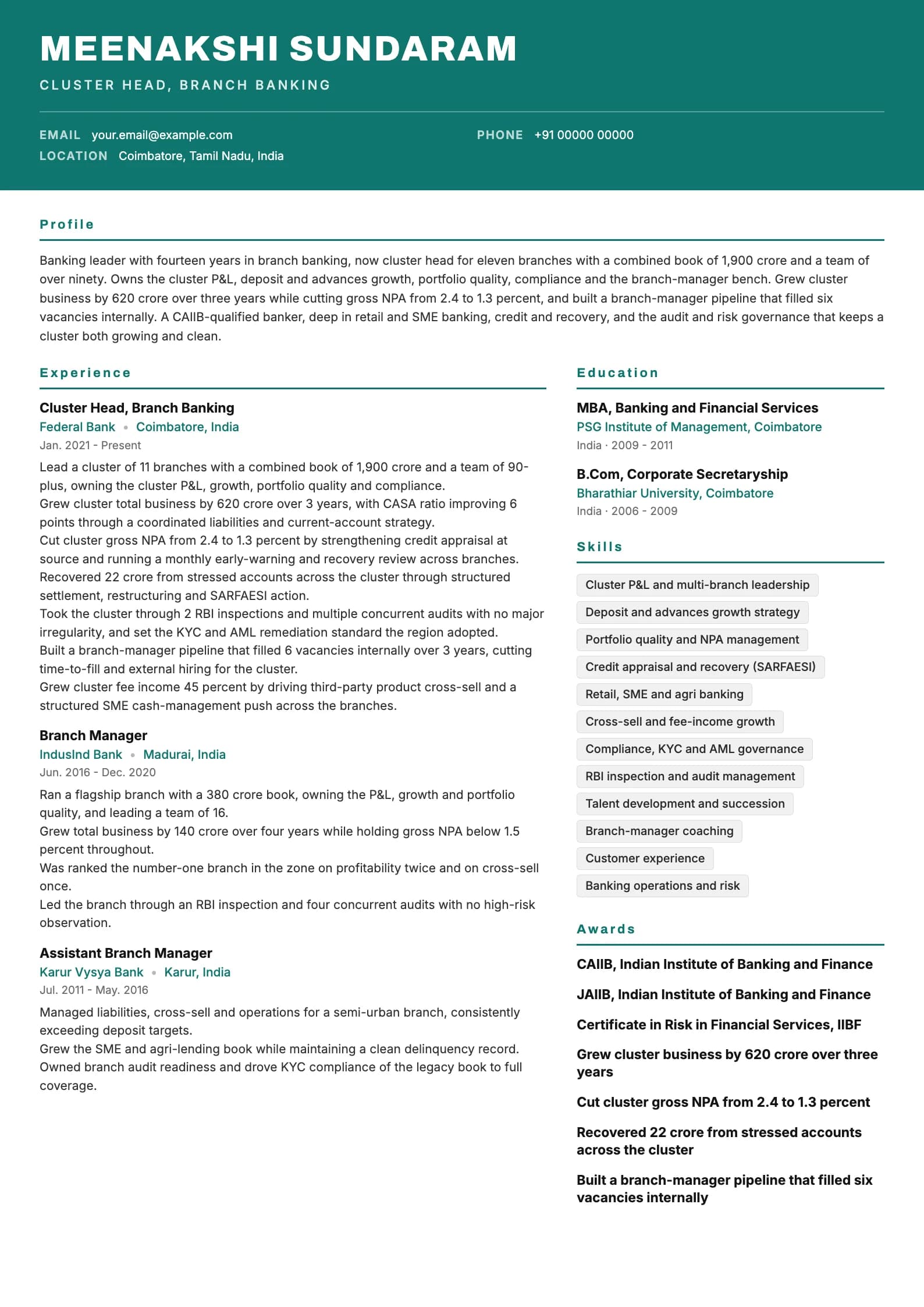 Bank Manager resume example for Senior / Cluster Manager (14 years), header-band template, showing professional summary, work experience, skills, education and certifications