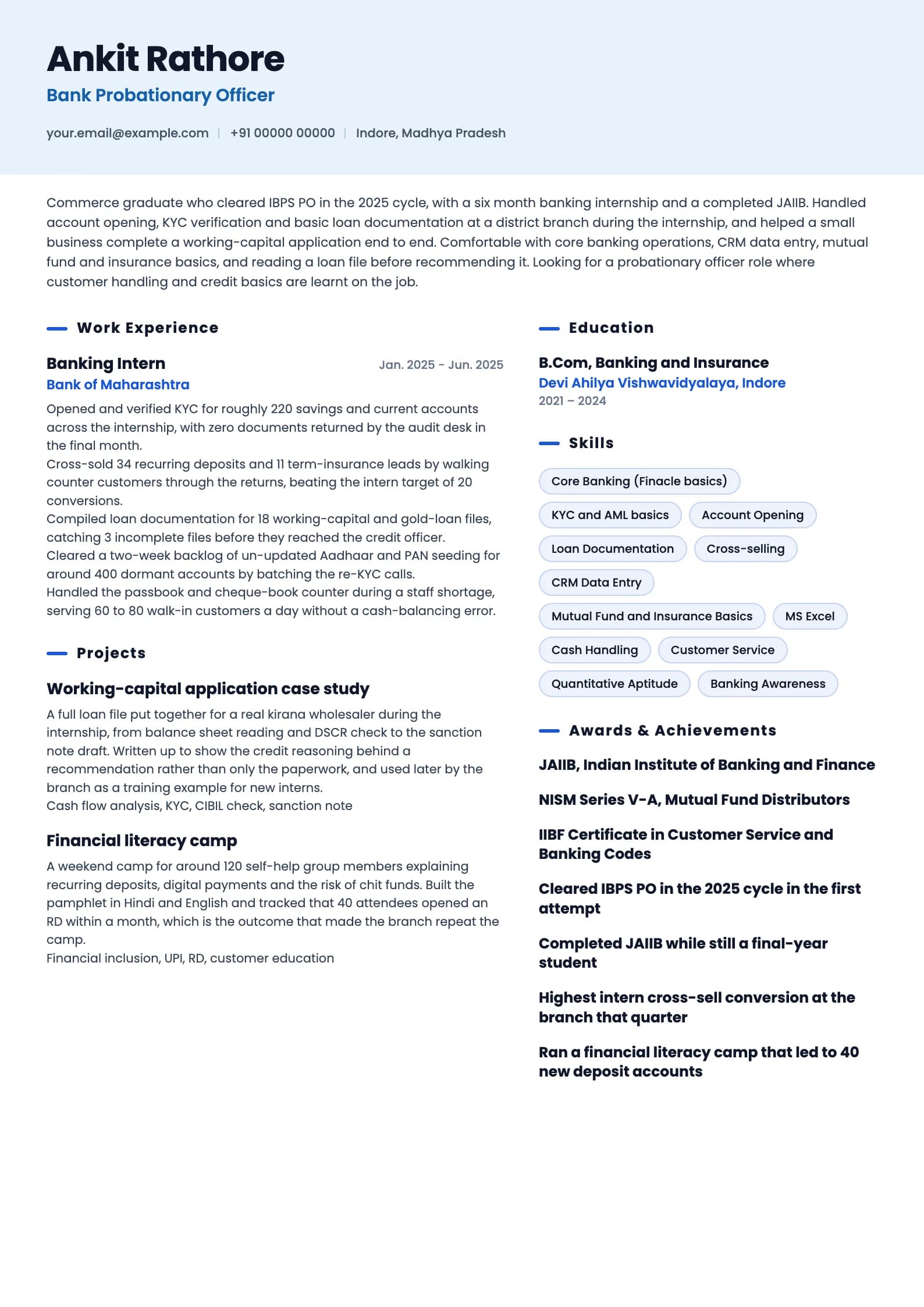 Bank PO resume example for Fresher (0 years), ai-era template, showing professional summary, work experience, projects, skills, education and certifications