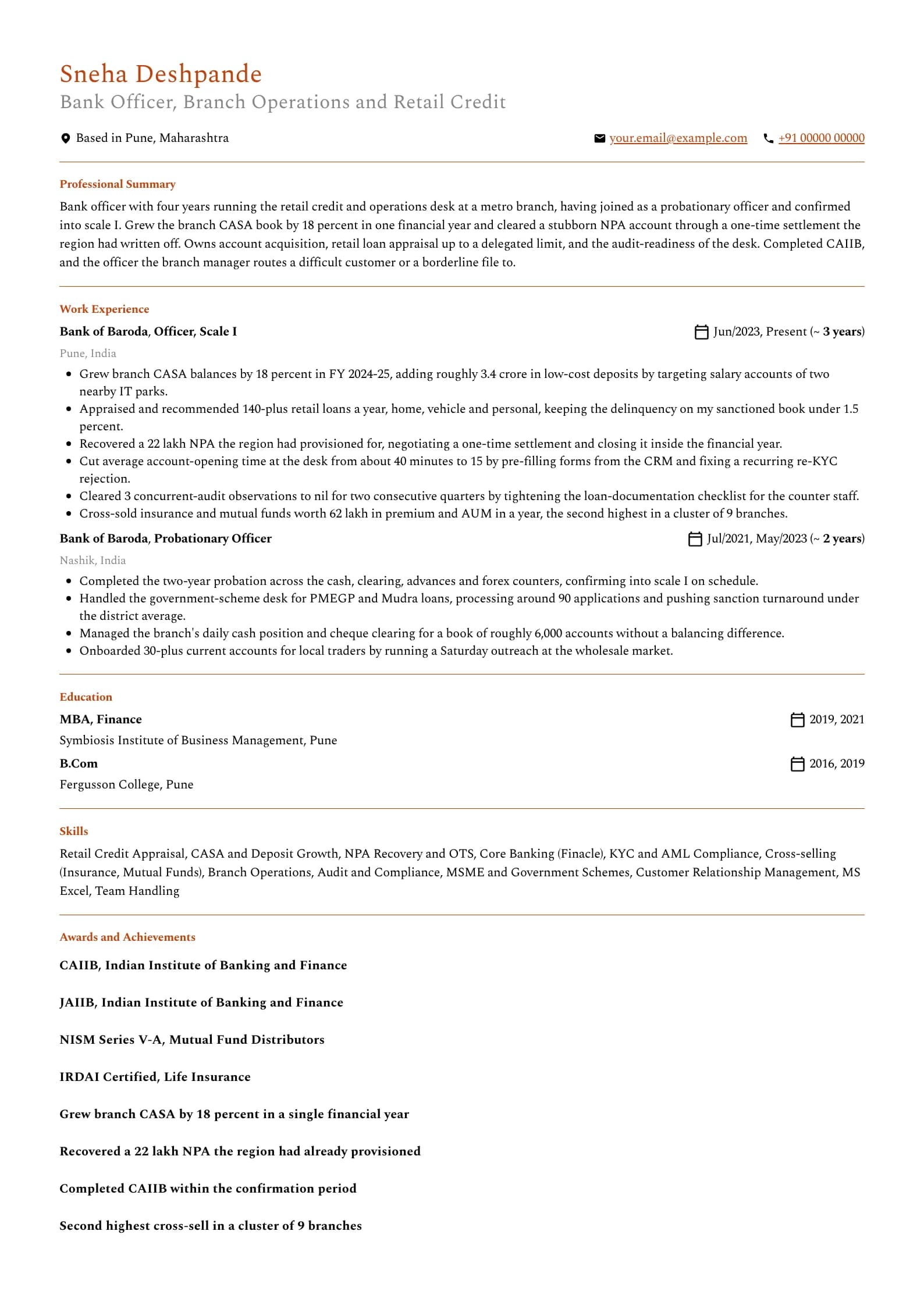 Bank PO resume example for Officer (4 years), professional template, showing professional summary, work experience, skills, education and certifications