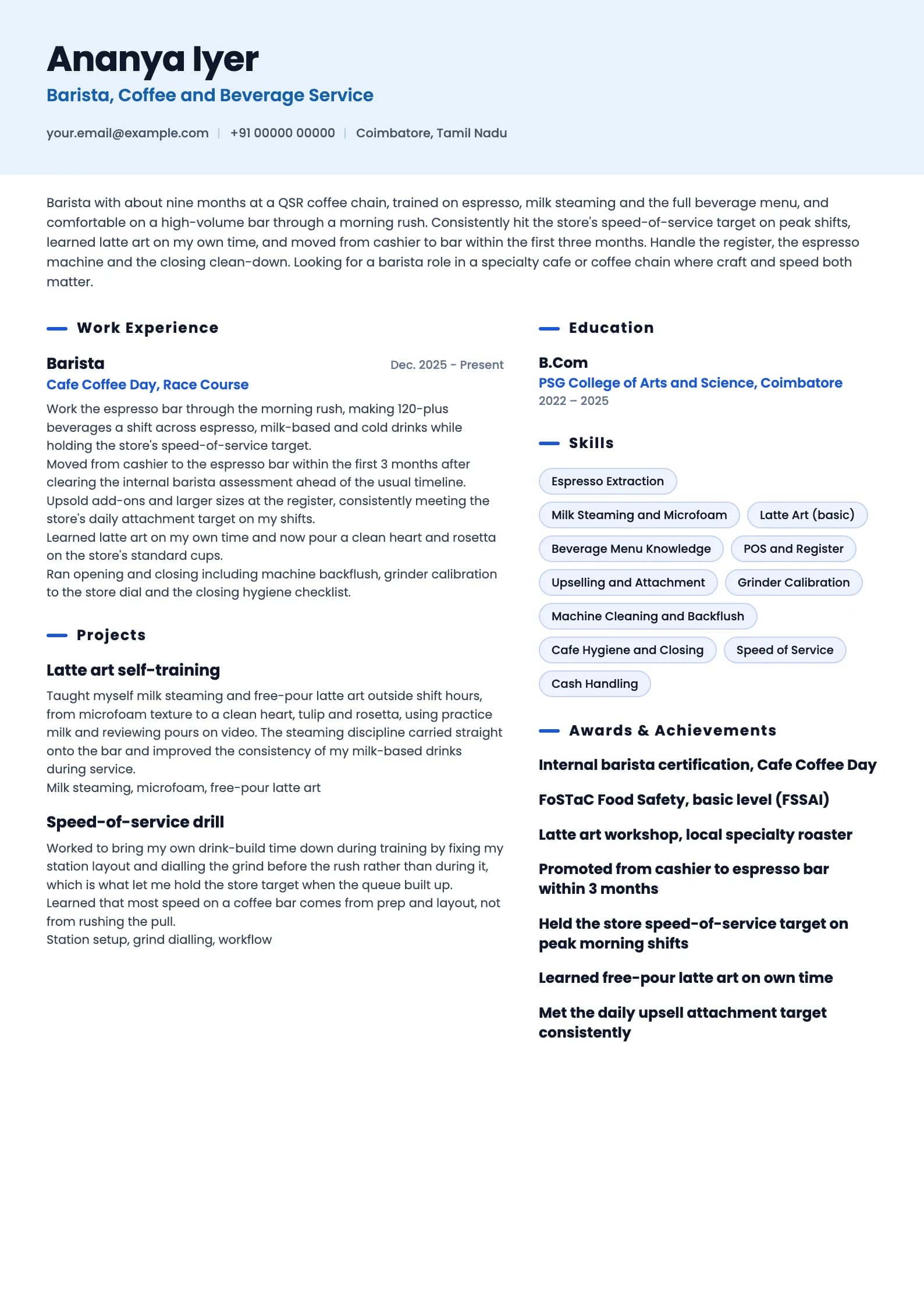 Barista resume example for Fresher (0 to 1 year), ai-era template, showing professional summary, work experience, projects, skills, education and certifications