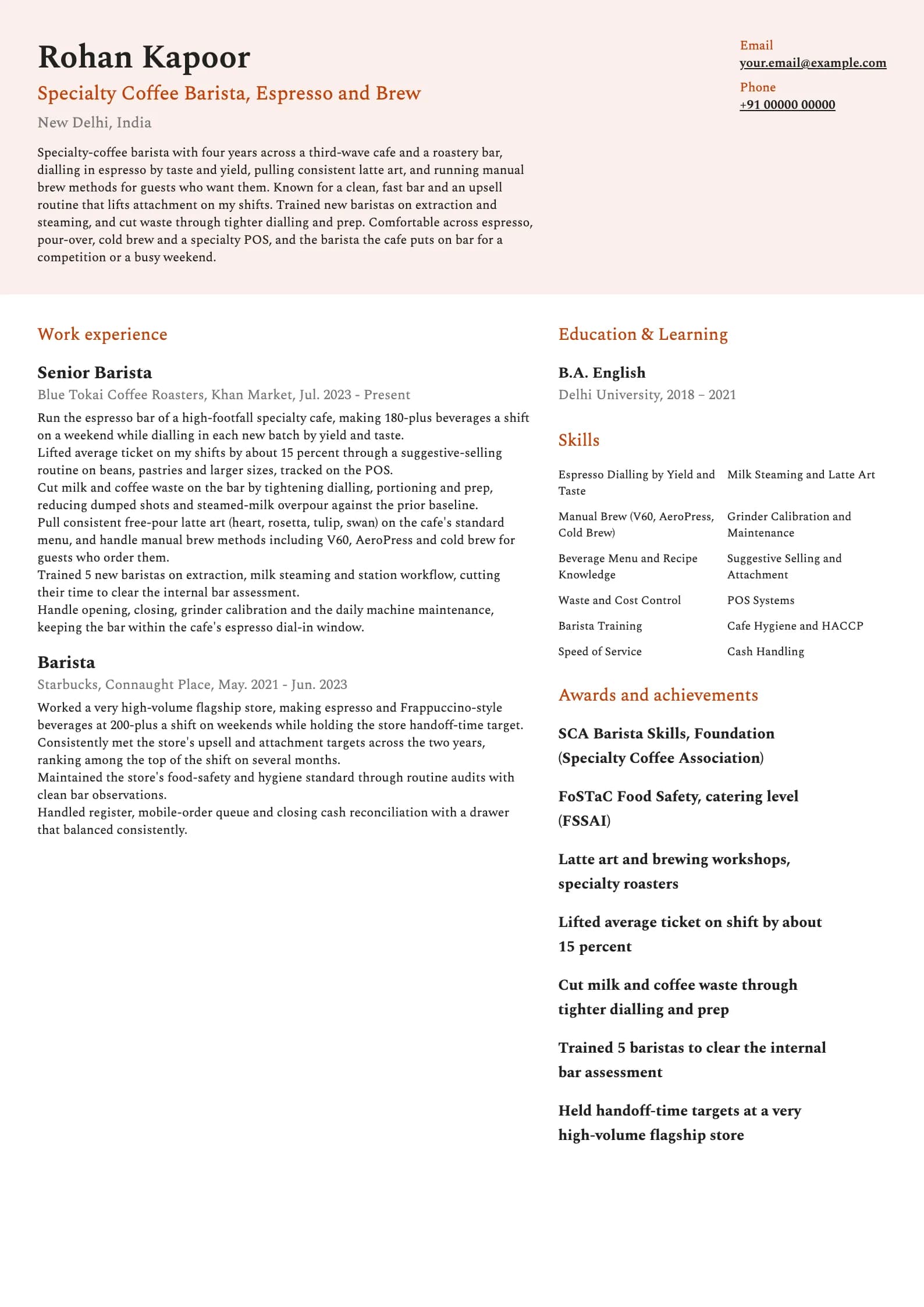 Barista resume example for Specialty Barista (4 years), modern template, showing professional summary, work experience, skills, education and certifications