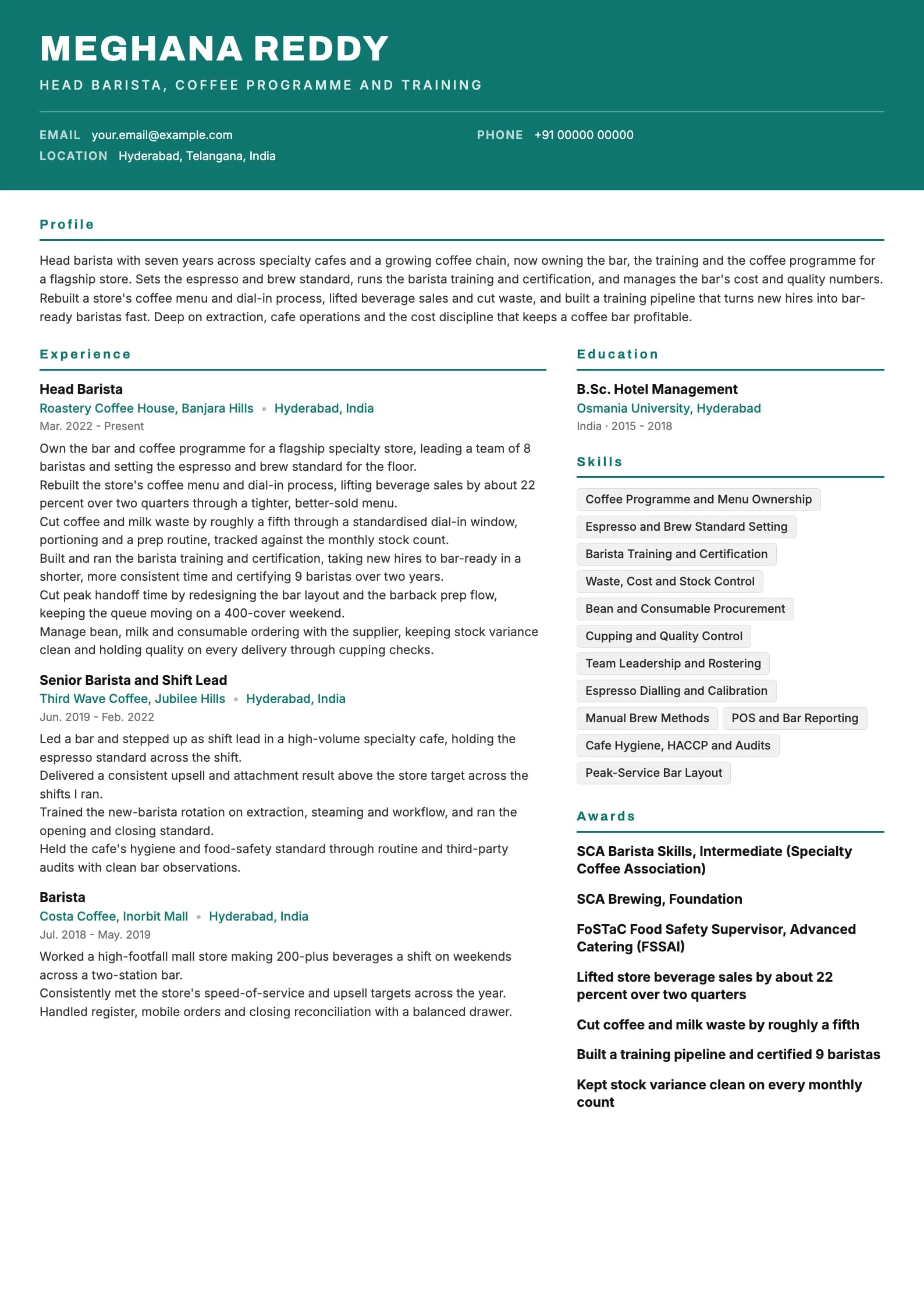 Barista resume example for Head Barista (7 years), header-band template, showing professional summary, work experience, skills, education and certifications