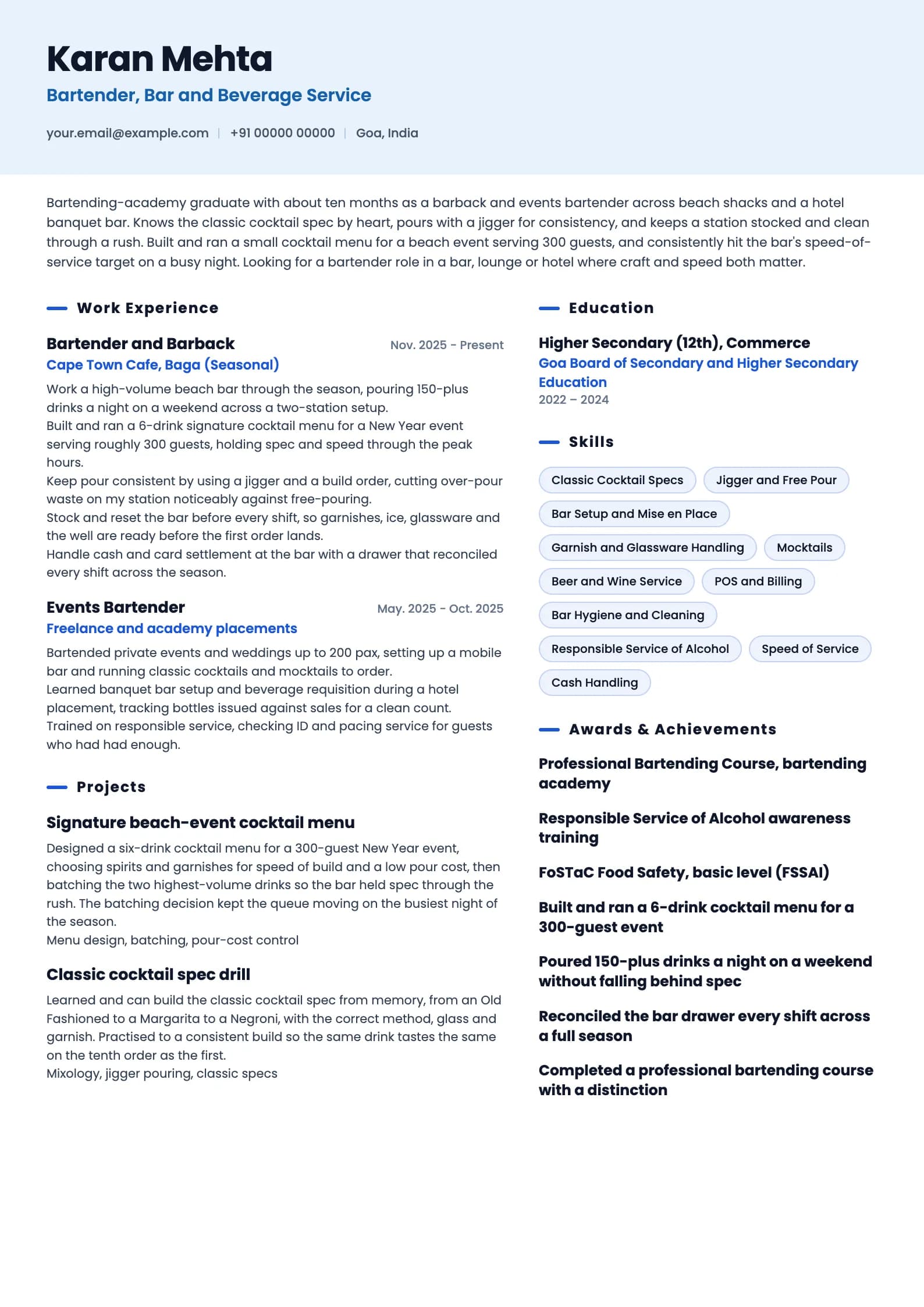 Bartender resume example for Fresher (0 to 1 year), ai-era template, showing professional summary, work experience, projects, skills, education and certifications