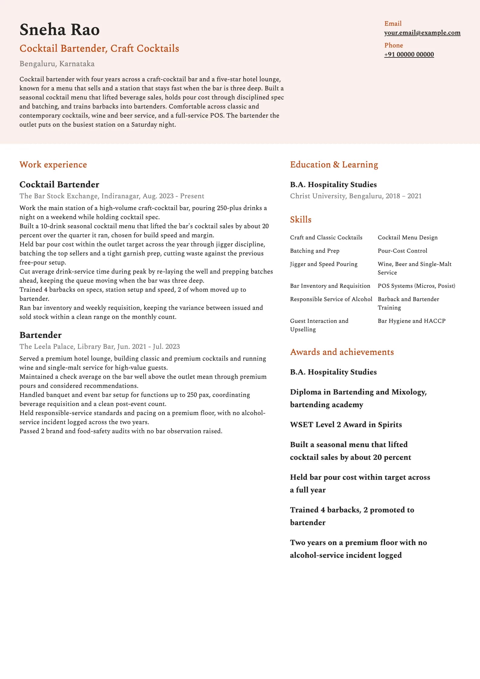 Bartender resume example for Cocktail Bartender (4 years), modern template, showing professional summary, work experience, skills, education and certifications