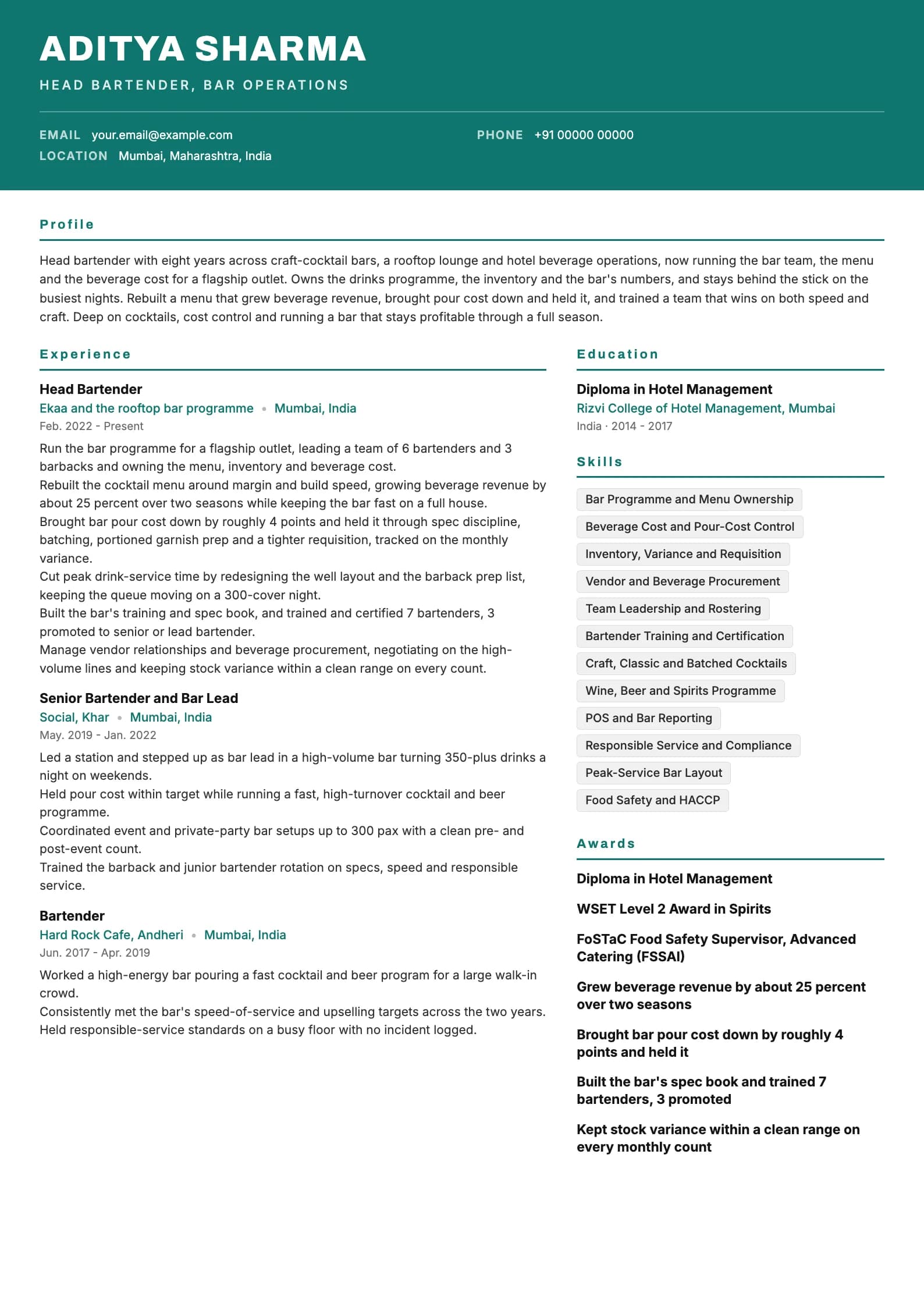 Bartender resume example for Head Bartender (8 years), header-band template, showing professional summary, work experience, skills, education and certifications