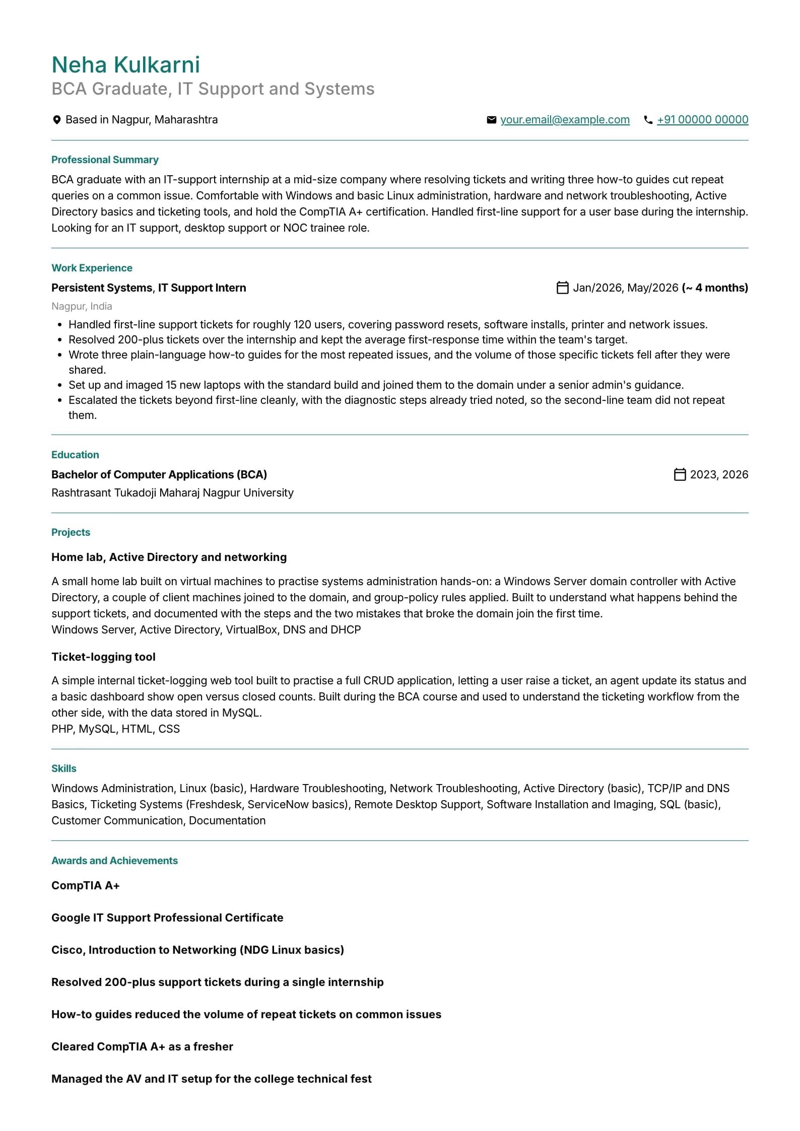 BCA Fresher resume example for IT support and systems, minimalist template, showing professional summary, work experience, projects, skills, education and certifications