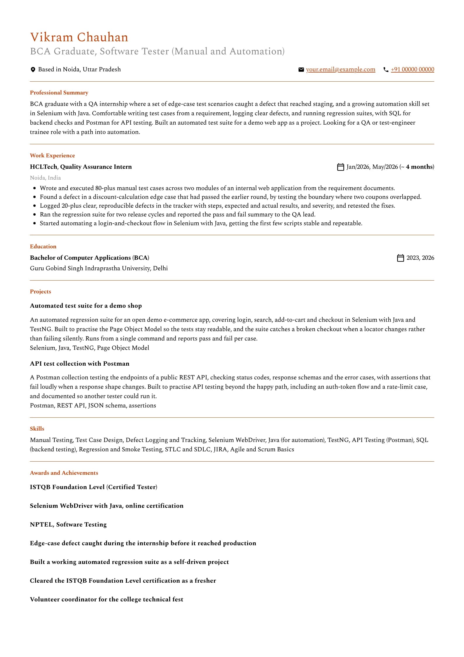 BCA Fresher resume example for Software testing, professional template, showing professional summary, work experience, projects, skills, education and certifications