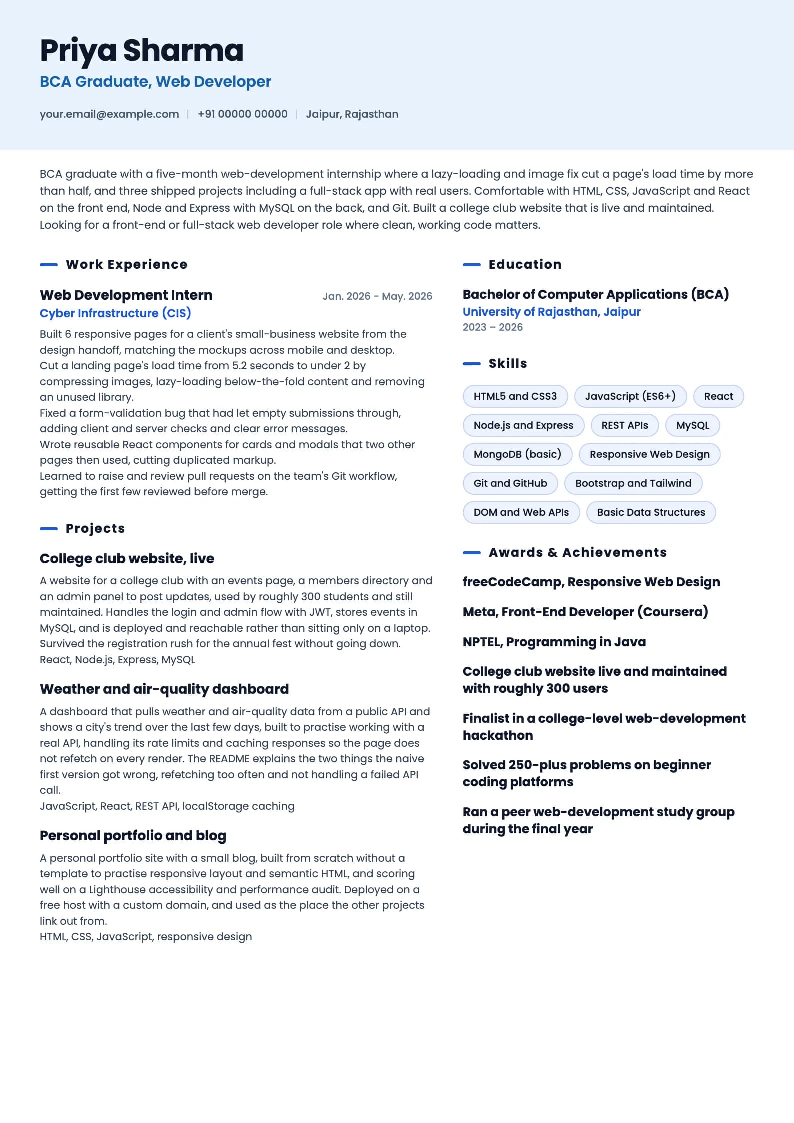 BCA Fresher resume example for Web development, ai-era template, showing professional summary, work experience, projects, skills, education and certifications