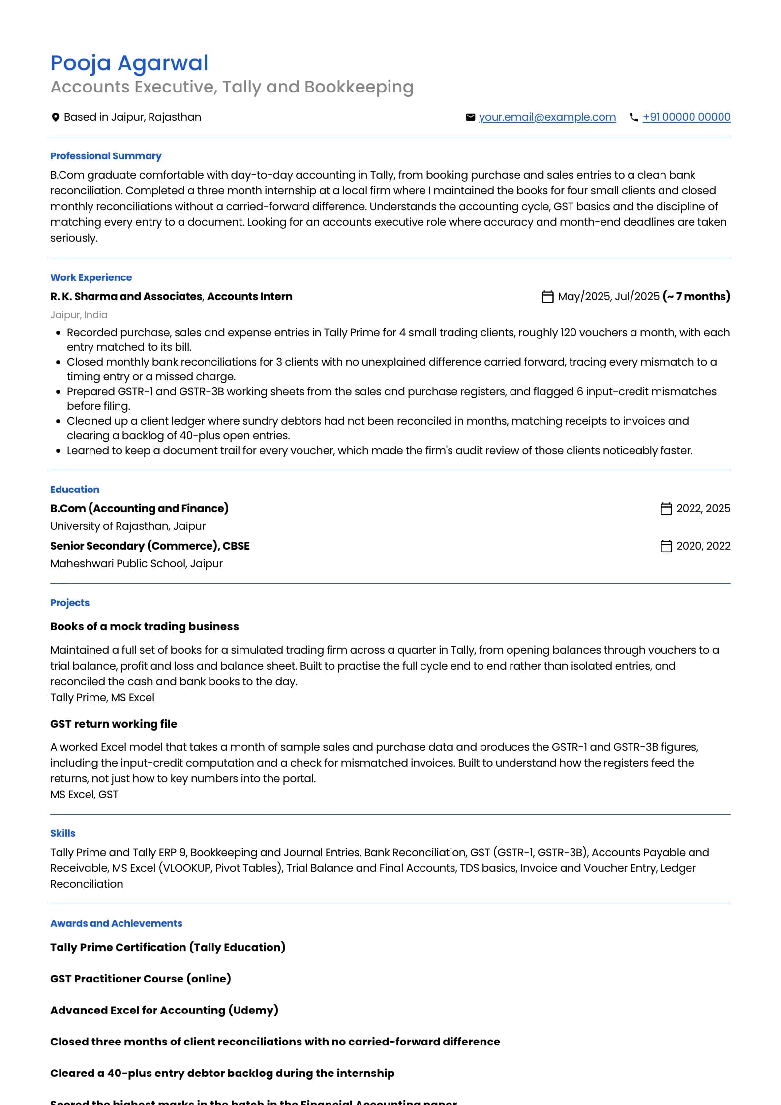 B.Com Fresher resume example for Fresher, accounts and Tally (0 years), professional template, showing professional summary, work experience, projects, skills, education and certifications