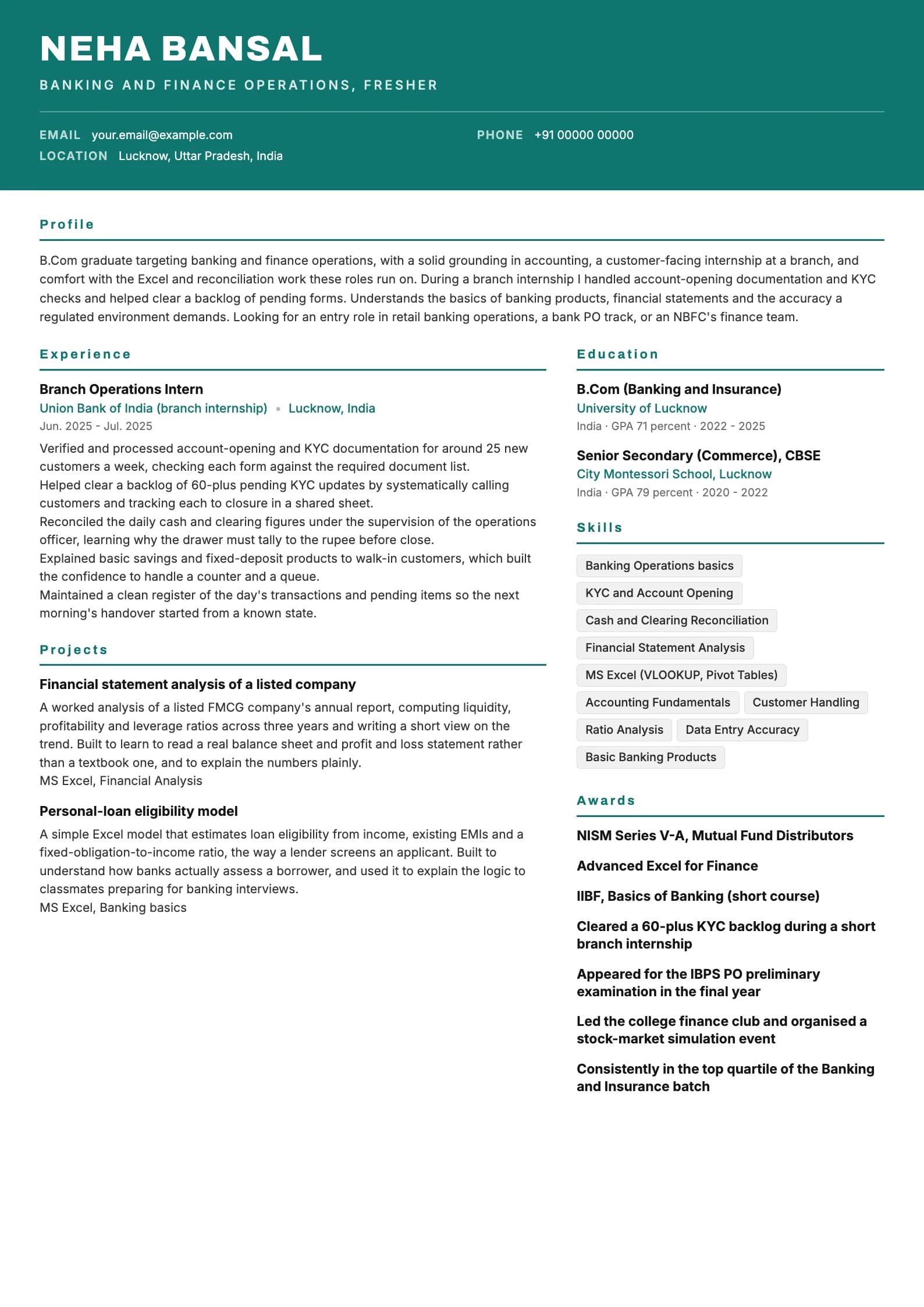 B.Com Fresher resume example for Fresher, banking and finance ops (0 years), header-band template, showing professional summary, work experience, projects, skills, education and certifications