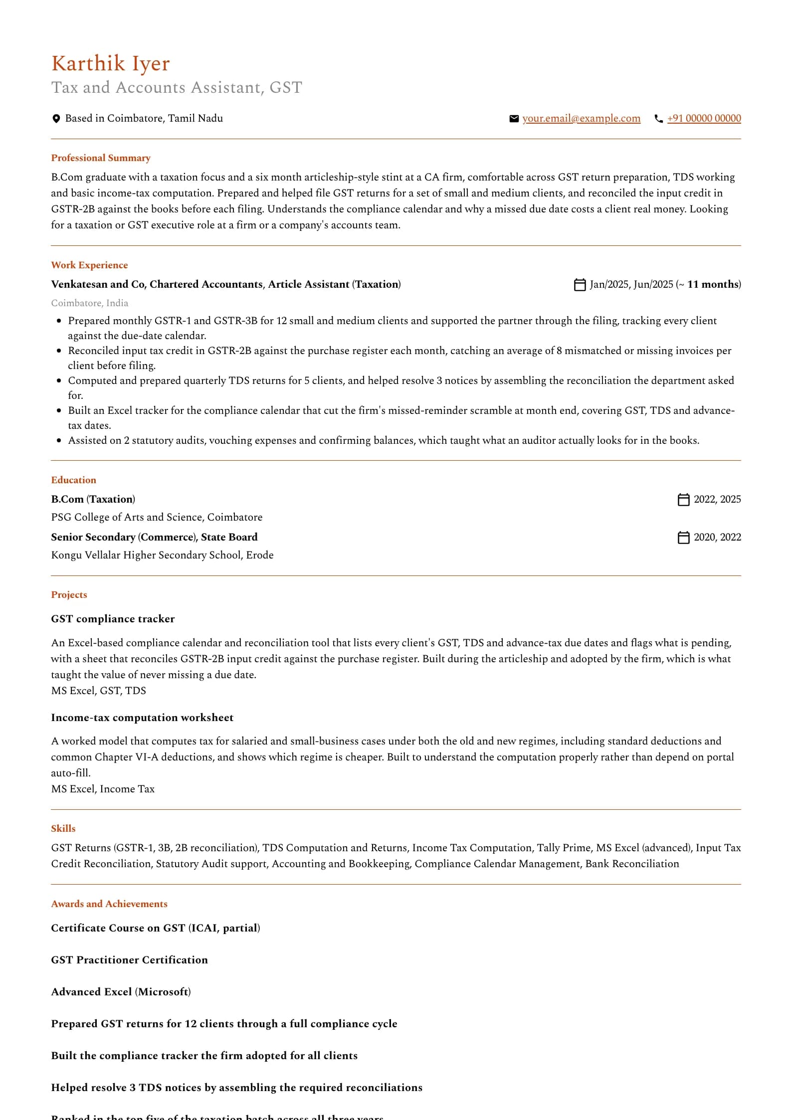 B.Com Fresher resume example for Fresher, GST and taxation (0 years), minimalist template, showing professional summary, work experience, projects, skills, education and certifications