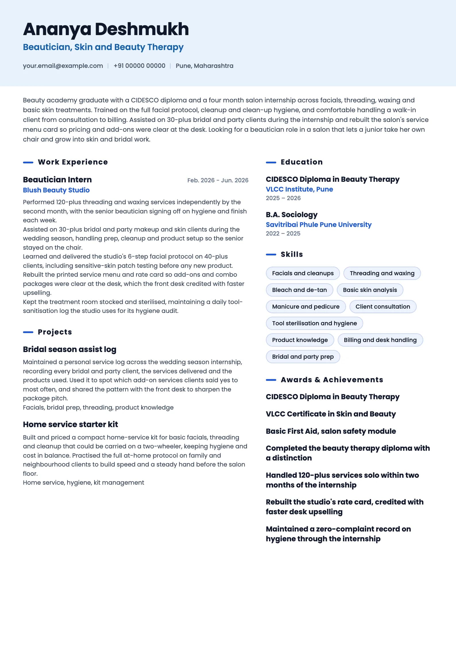 Beautician resume example for Fresher (0 years), ai-era template, showing professional summary, work experience, projects, skills, education and certifications