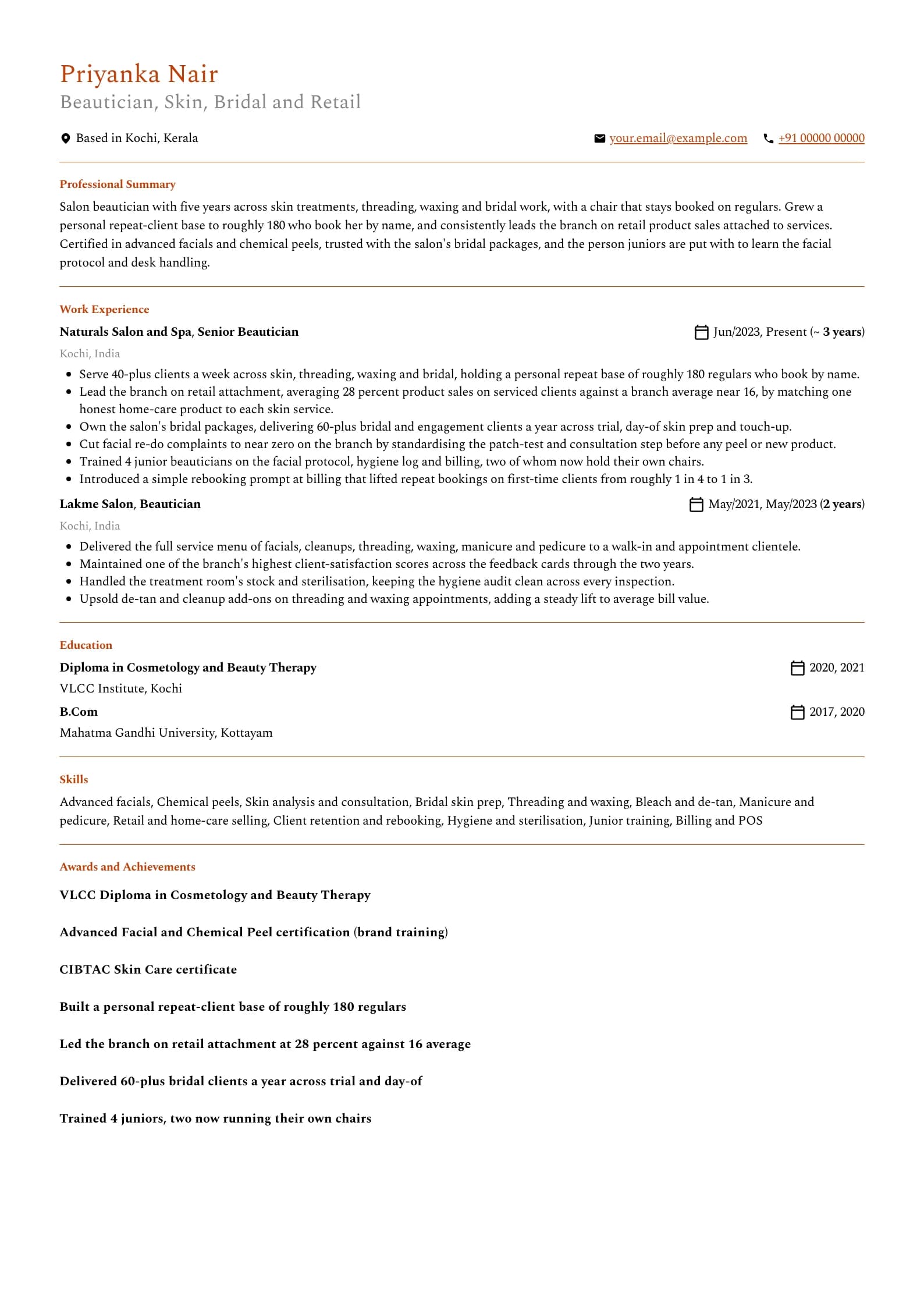 Beautician resume example for Salon Beautician (5 years), professional template, showing professional summary, work experience, skills, education and certifications