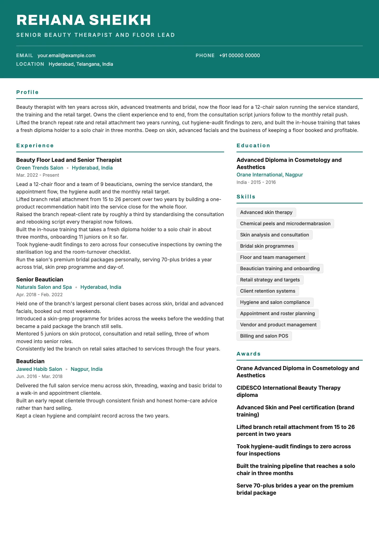 Beautician resume example for Senior Therapist (10 years), header-band template, showing professional summary, work experience, skills, education and certifications