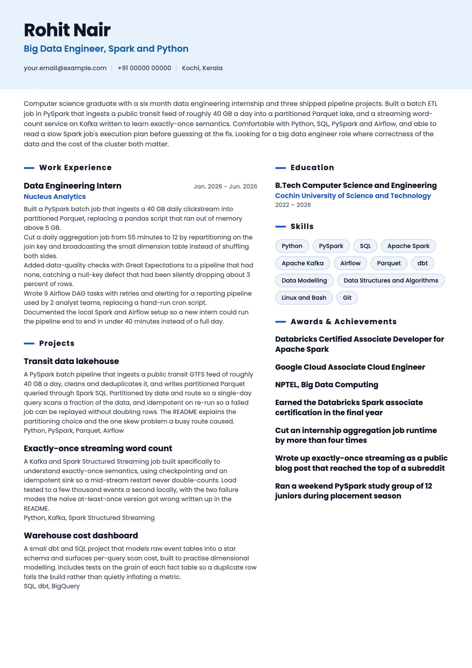 Big Data Engineer resume example for Fresher (0 to 1 year), ai-era template, showing professional summary, work experience, projects, skills, education and certifications
