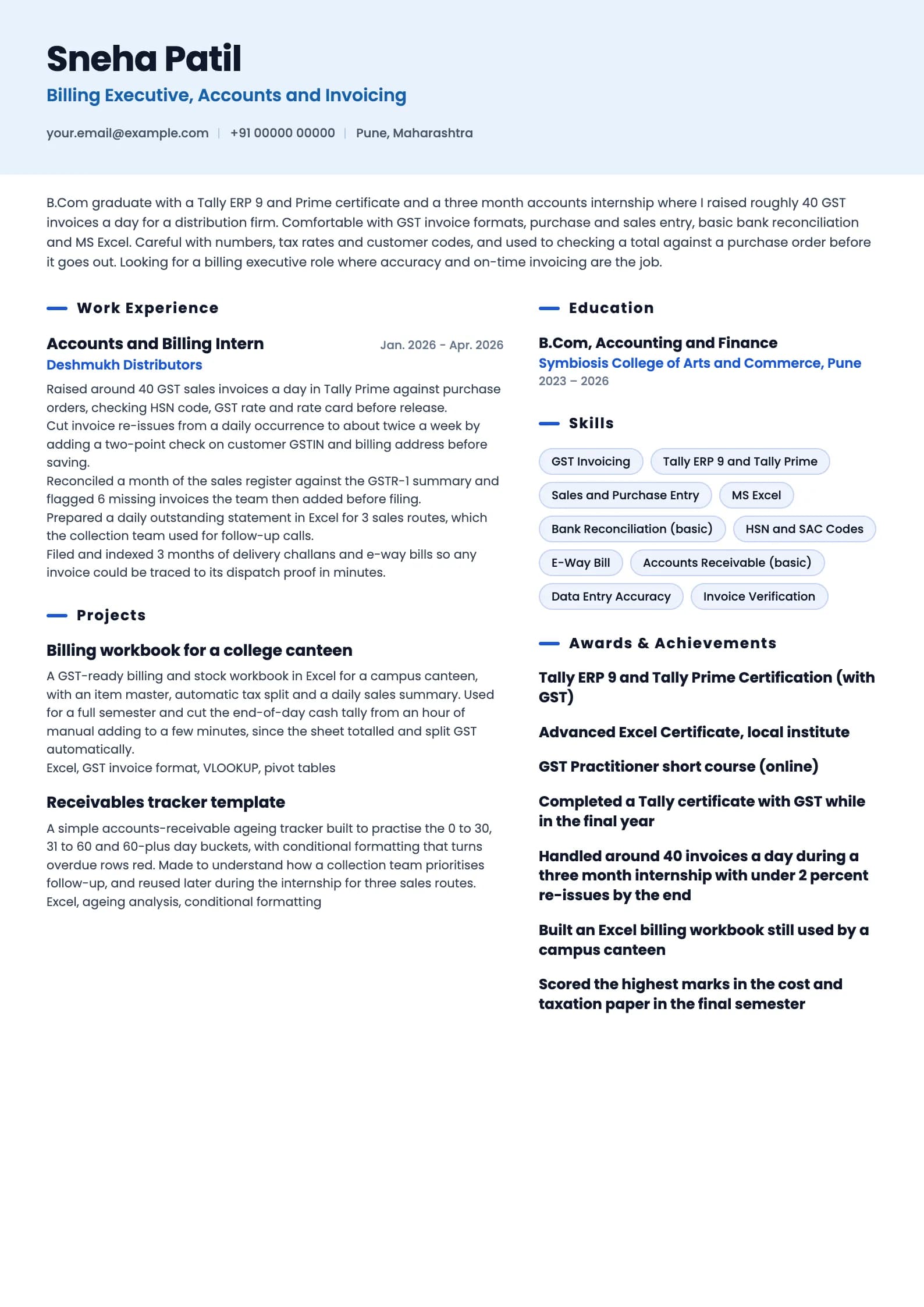 Billing Executive resume example for Fresher (0 years), ai-era template, showing professional summary, work experience, projects, skills, education and certifications