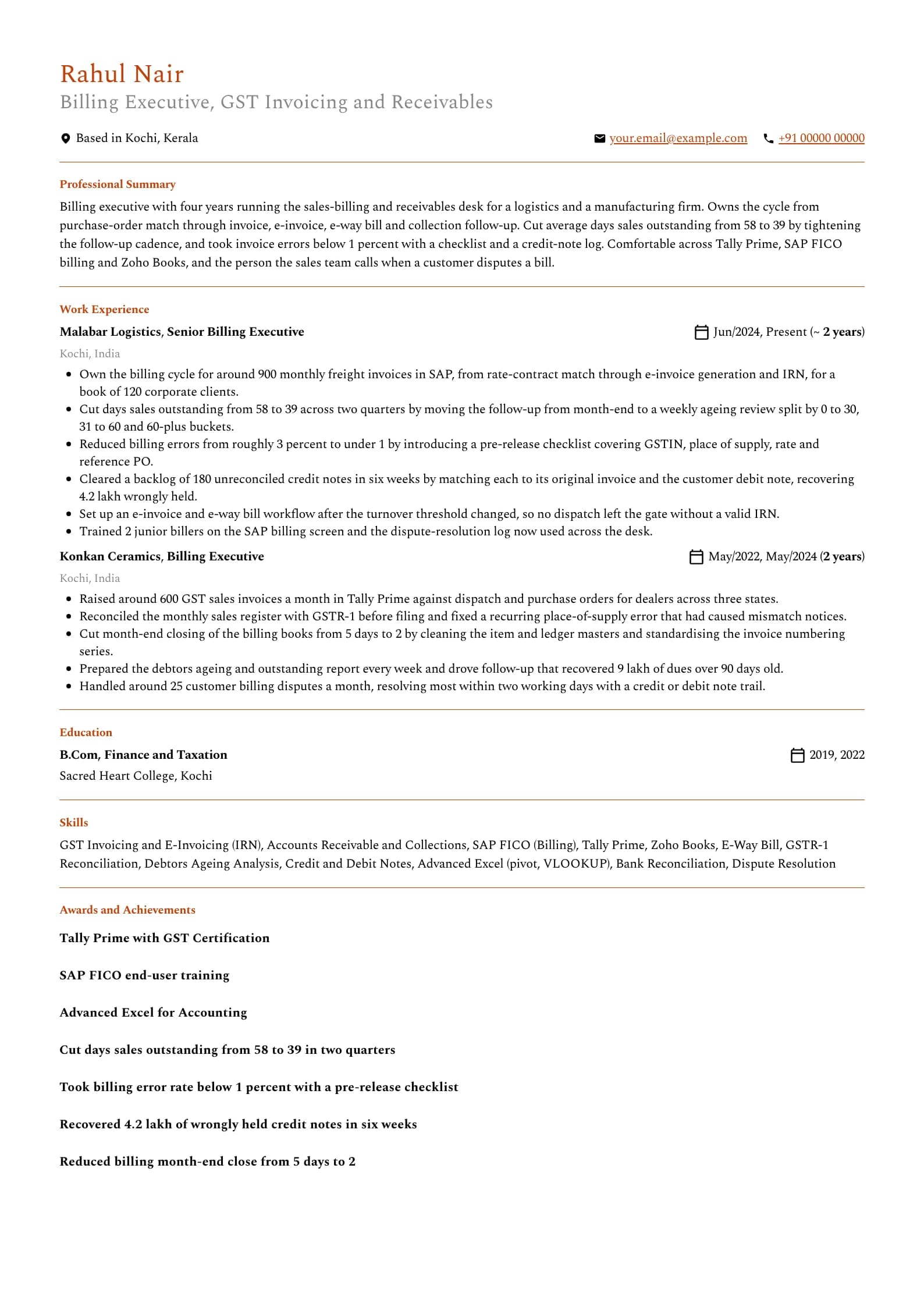 Billing Executive resume example for Mid-level (4 years), professional template, showing professional summary, work experience, skills, education and certifications