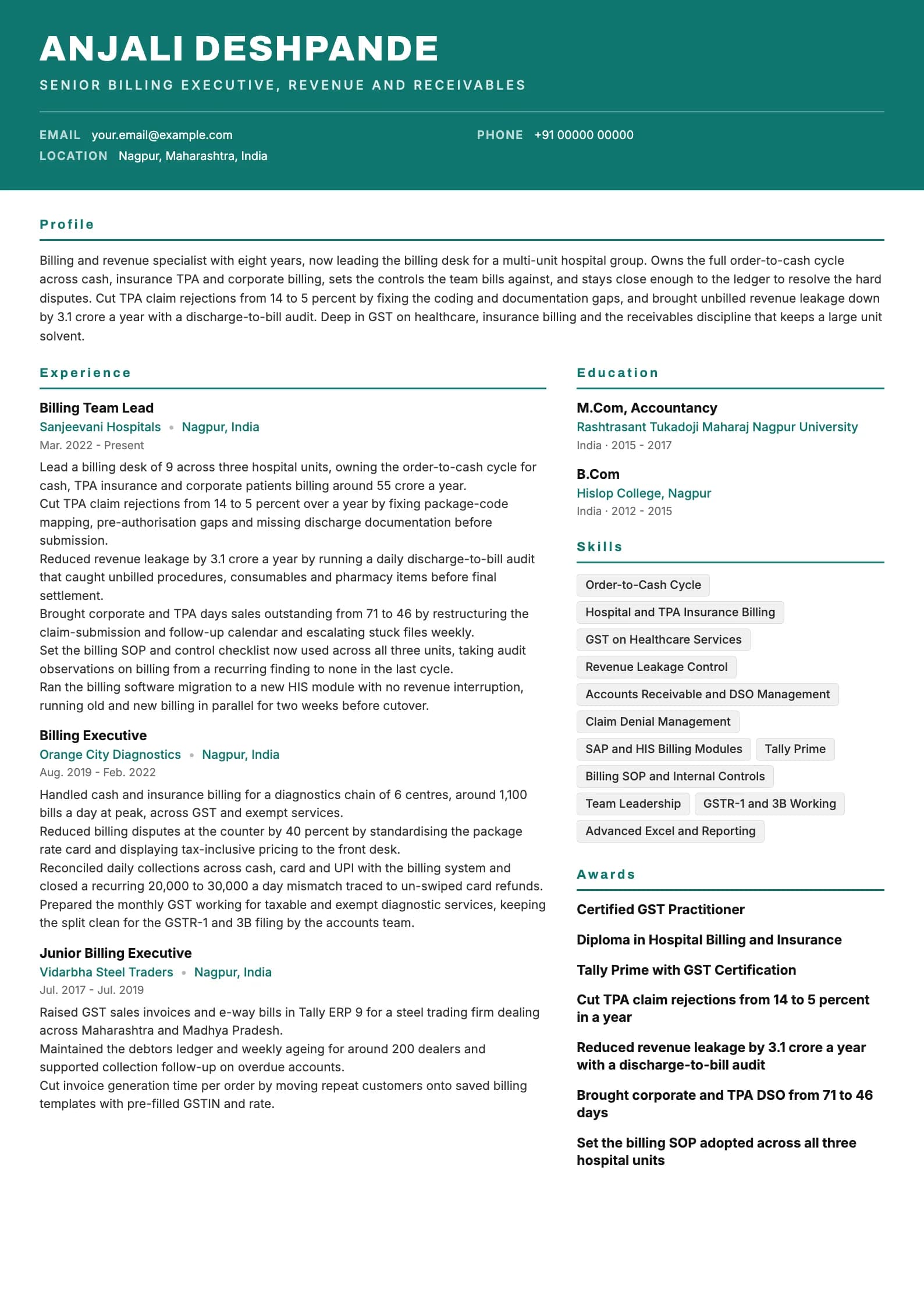 Billing Executive resume example for Senior (8 years), header-band template, showing professional summary, work experience, skills, education and certifications