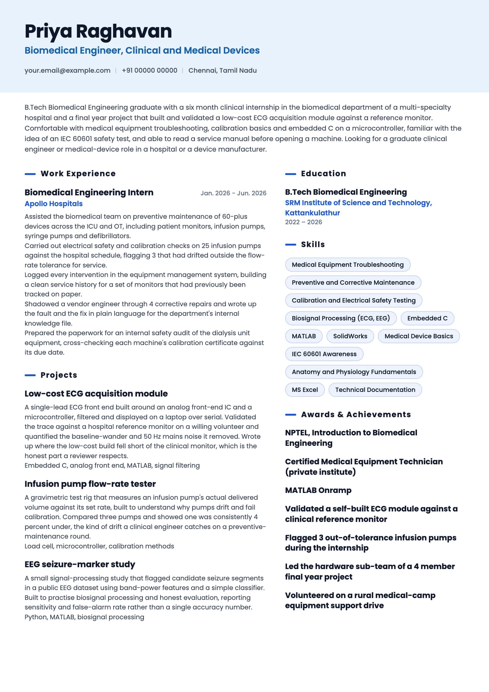 Biomedical Engineer resume example for Fresher (0 years), ai-era template, showing professional summary, work experience, projects, skills, education and certifications