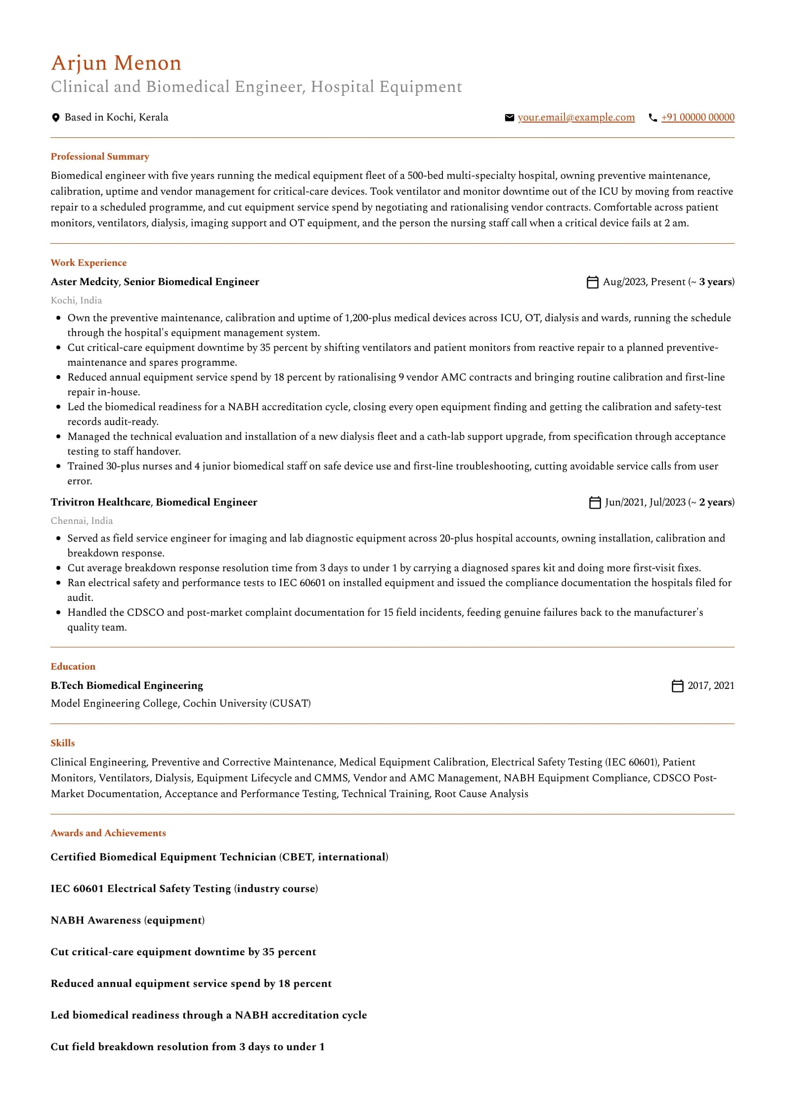 Biomedical Engineer resume example for Clinical engineer (5 years), professional template, showing professional summary, work experience, skills, education and certifications