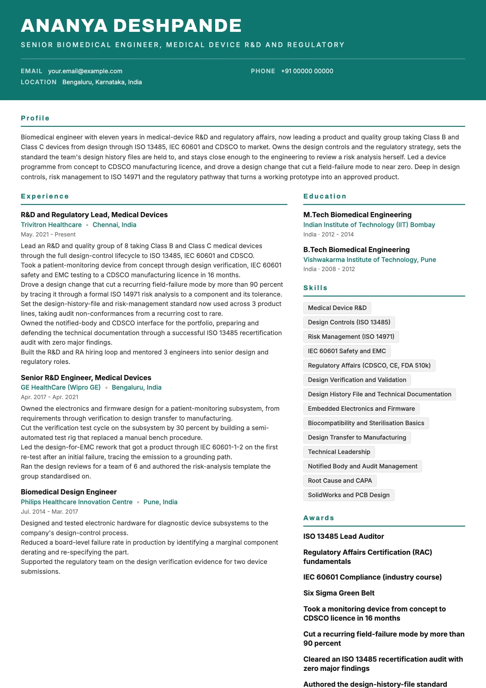 Biomedical Engineer resume example for R&D and quality lead (11 years), header-band template, showing professional summary, work experience, skills, education and certifications