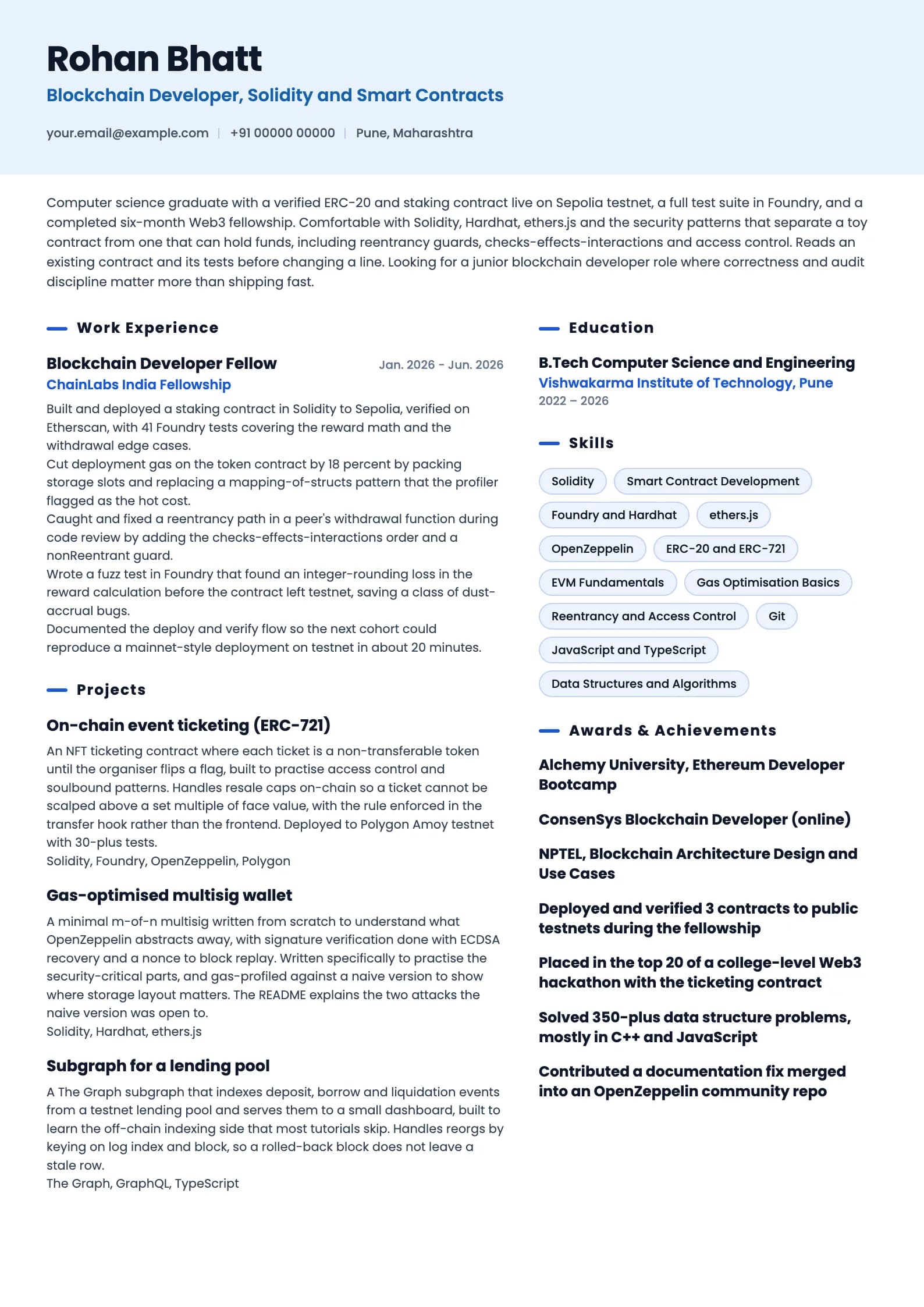 Blockchain Developer resume example for Fresher (0 years), ai-era template, showing professional summary, work experience, projects, skills, education and certifications