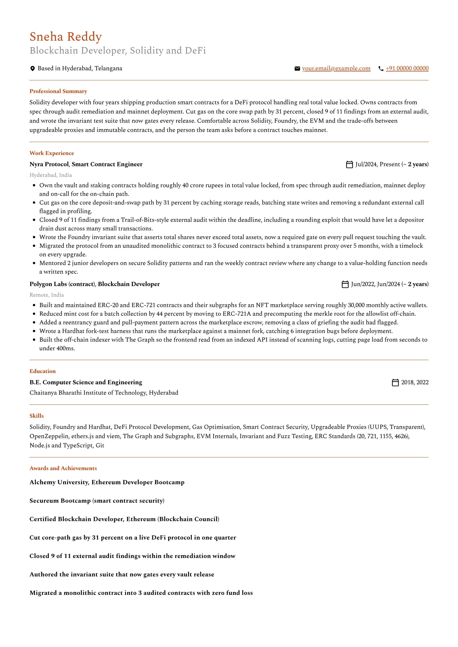 Blockchain Developer resume example for Mid-level (4 years), professional template, showing professional summary, work experience, skills, education and certifications