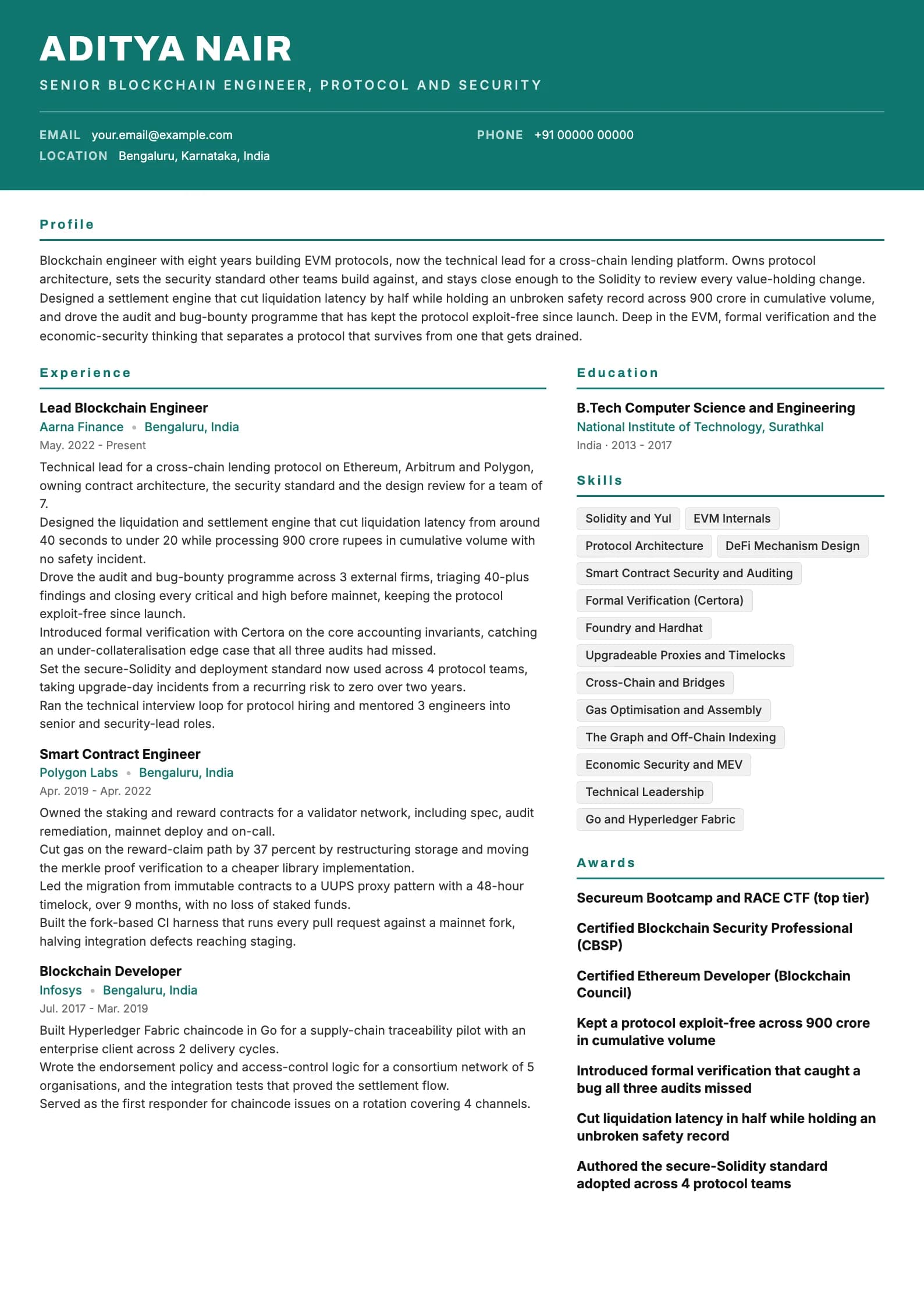 Blockchain Developer resume example for Senior (8 years), header-band template, showing professional summary, work experience, skills, education and certifications