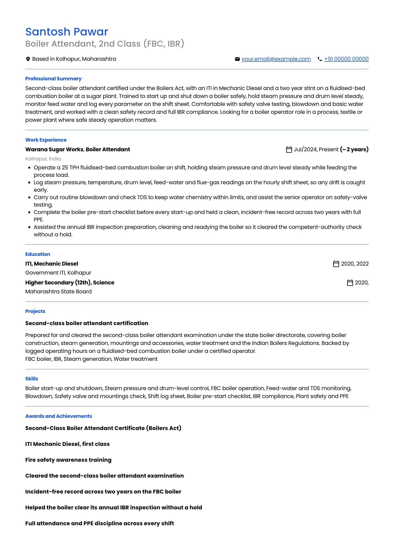 Boiler Operator resume example for Boiler Attendant (0 to 2 years), minimalist template, showing professional summary, work experience, projects, skills, education and certifications