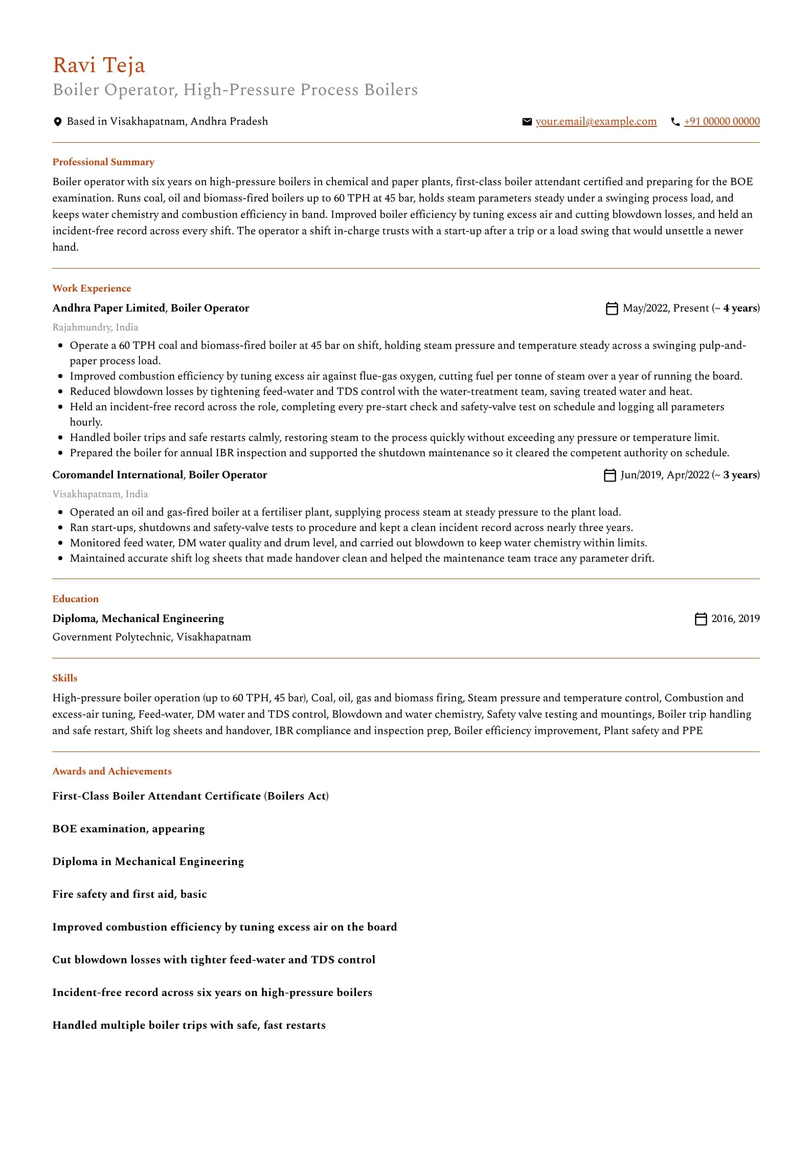 Boiler Operator resume example for Plant Boiler Operator (6 years), professional template, showing professional summary, work experience, skills, education and certifications