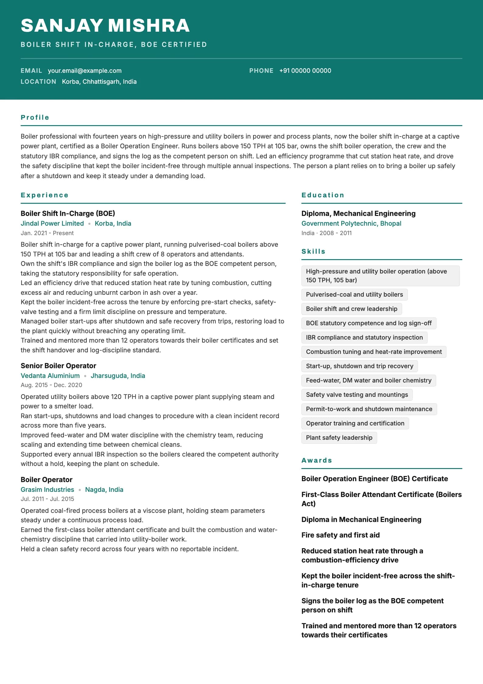 Boiler Operator resume example for BOE Shift In-Charge (14 years), header-band template, showing professional summary, work experience, skills, education and certifications
