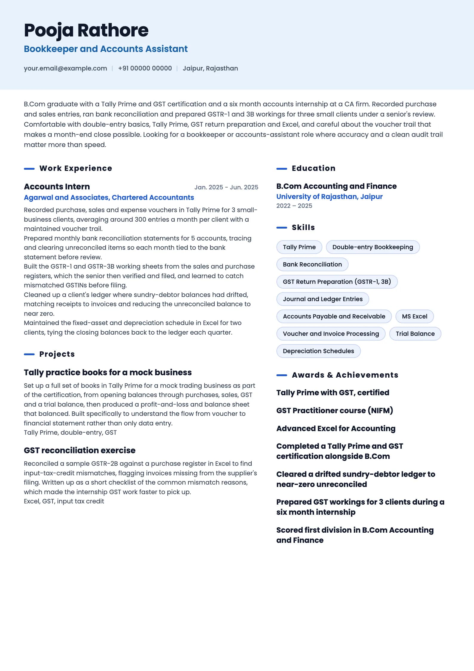 Bookkeeper resume example for Fresher (0 to 1 year), ai-era template, showing professional summary, work experience, projects, skills, education and certifications