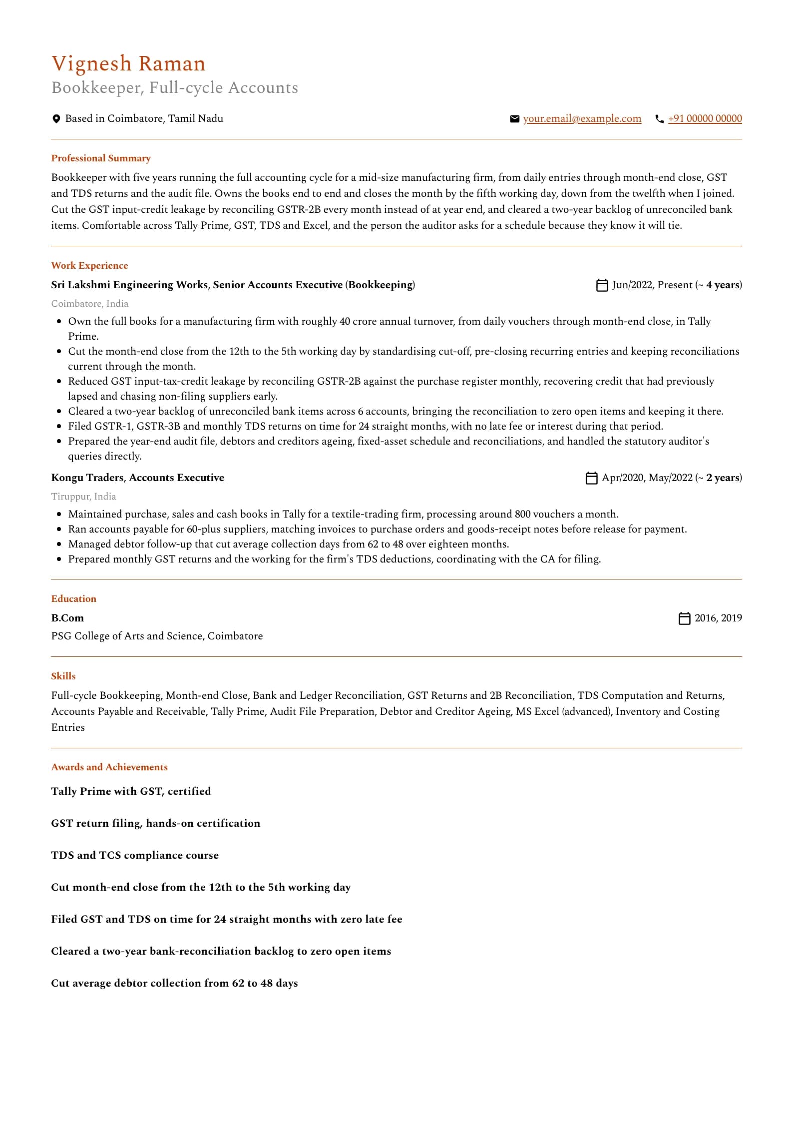 Bookkeeper resume example for Mid-level (5 years), professional template, showing professional summary, work experience, skills, education and certifications