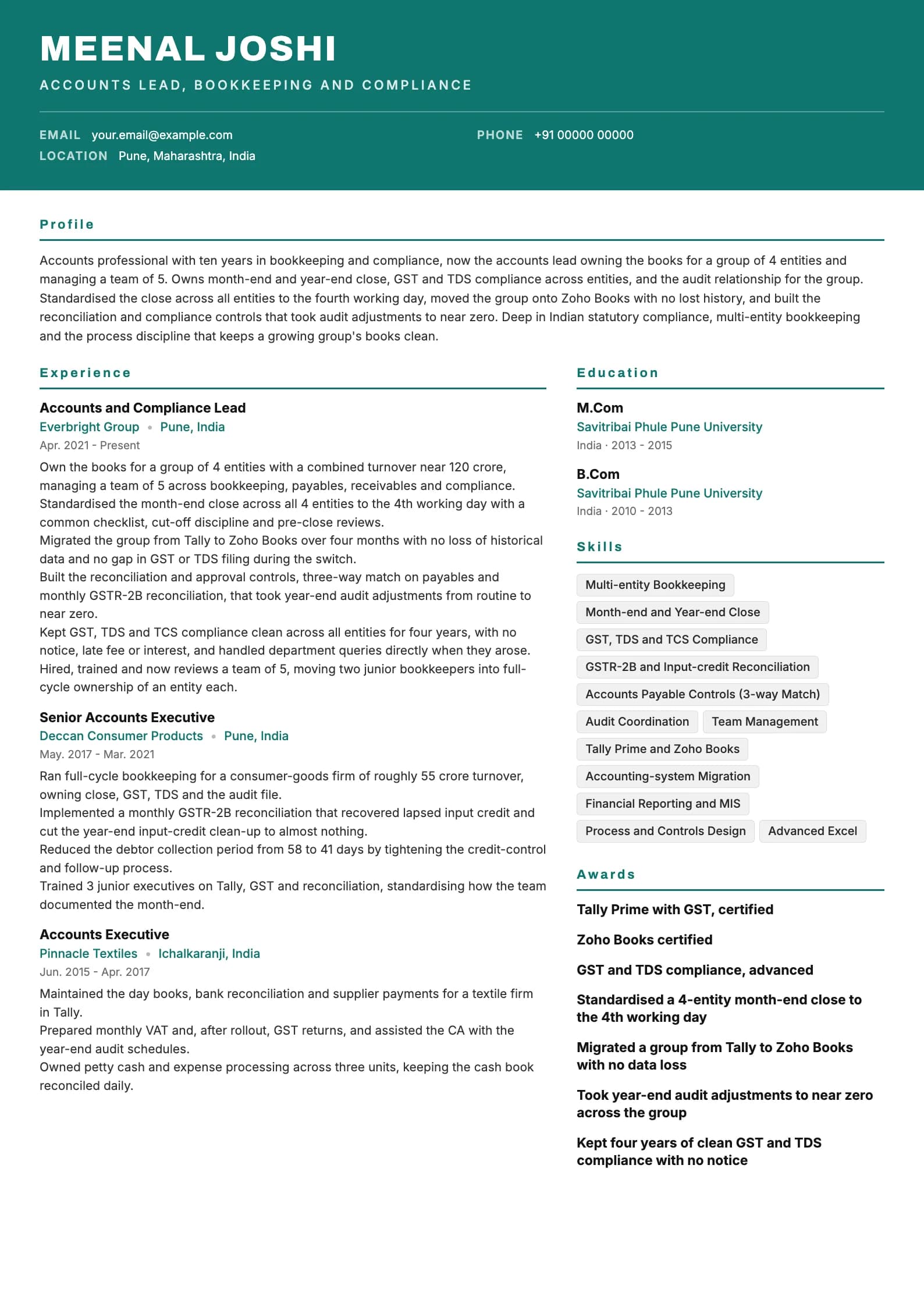 Bookkeeper resume example for Senior (10 years), header-band template, showing professional summary, work experience, skills, education and certifications