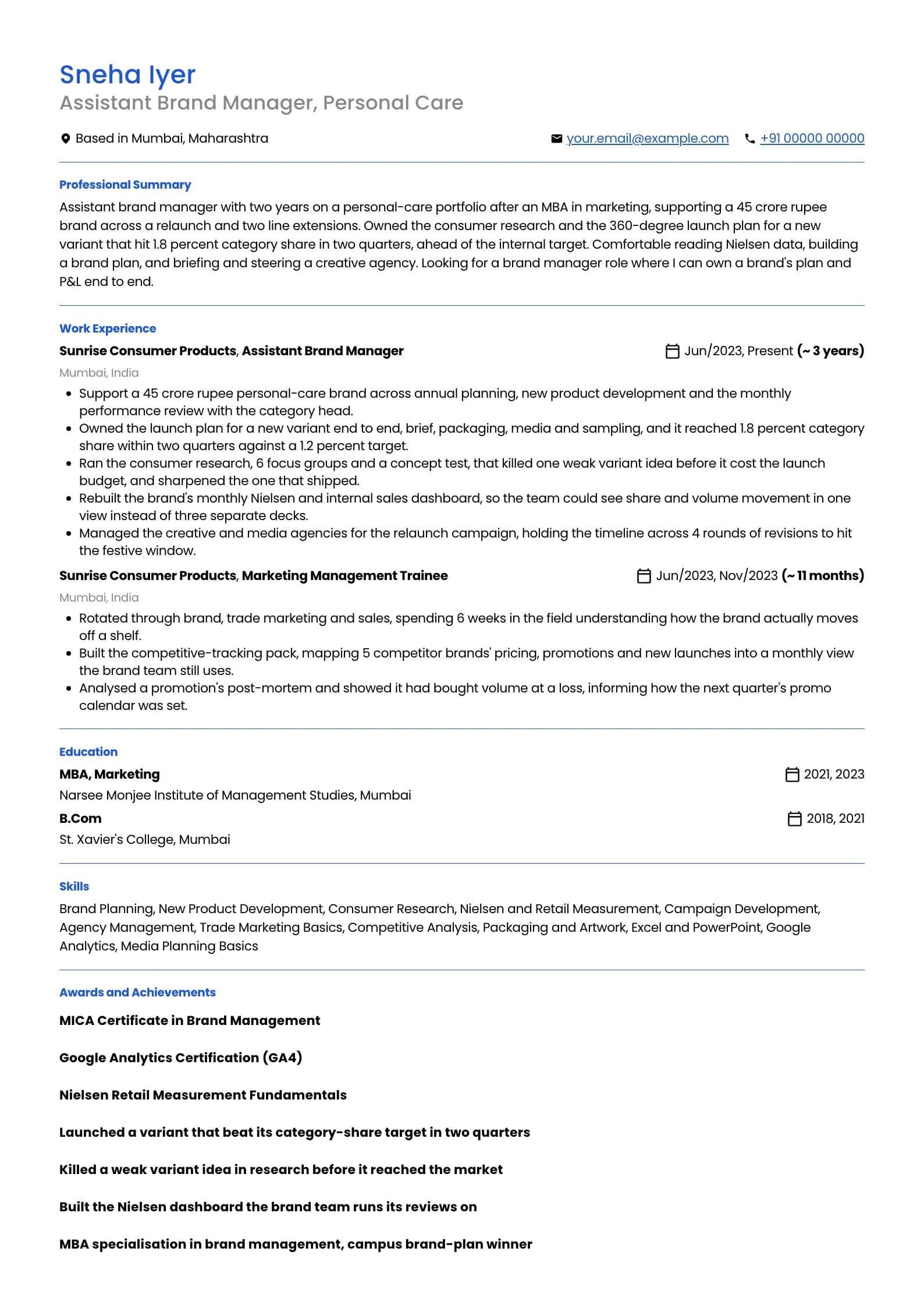 Brand Manager resume example for Assistant Brand Manager (2 years), minimalist template, showing professional summary, work experience, skills, education and certifications