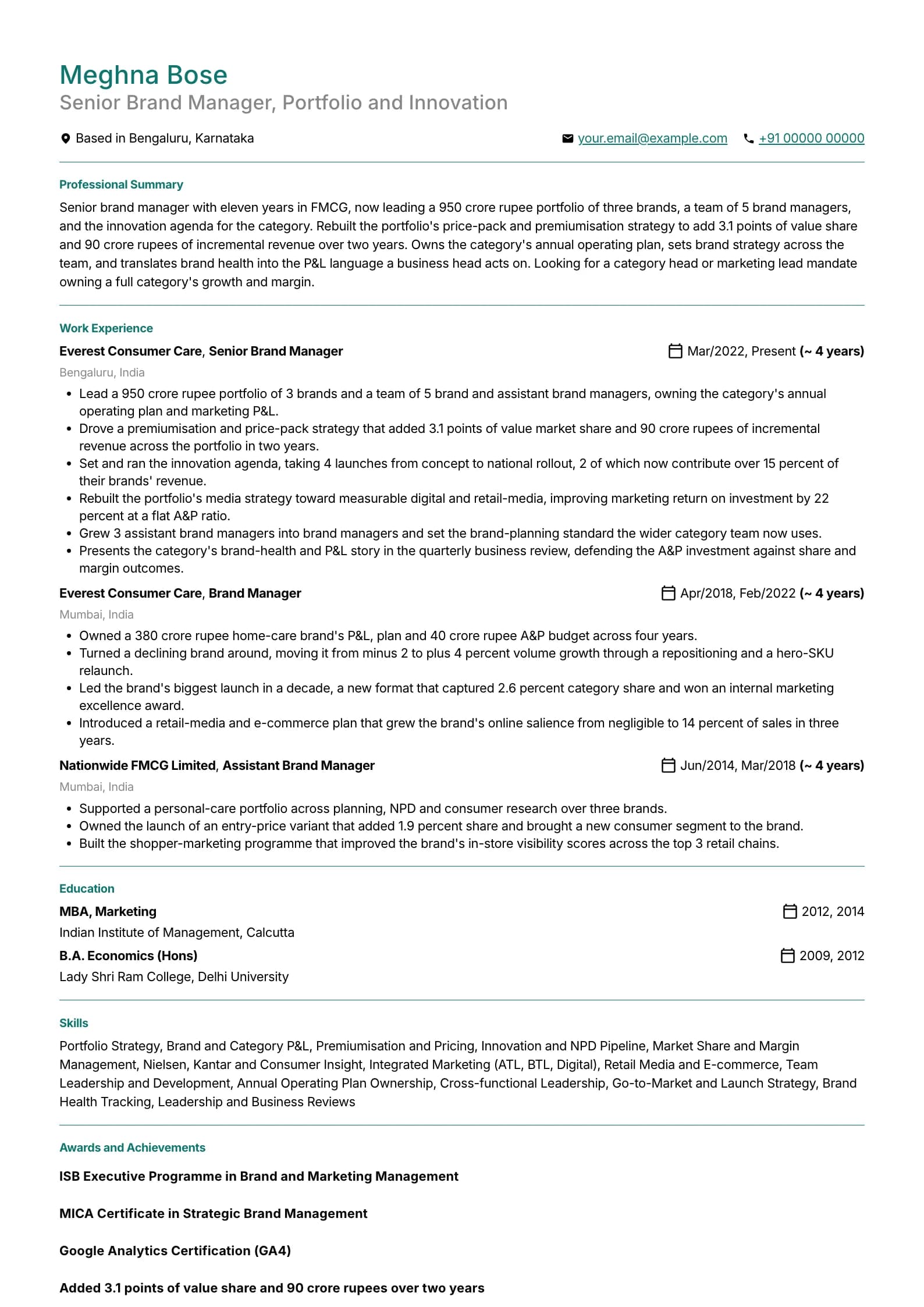 Brand Manager resume example for Senior Brand Manager (11 years), professional template, showing professional summary, work experience, skills, education and certifications