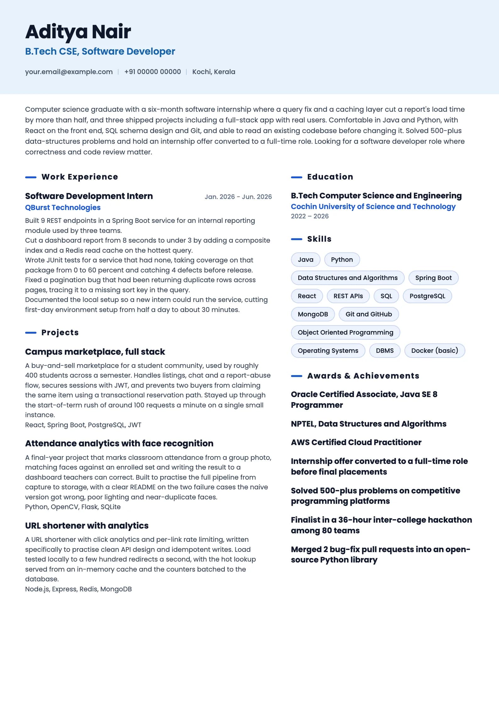 B.Tech Fresher resume example for Computer Science branch, ai-era template, showing professional summary, work experience, projects, skills, education and certifications