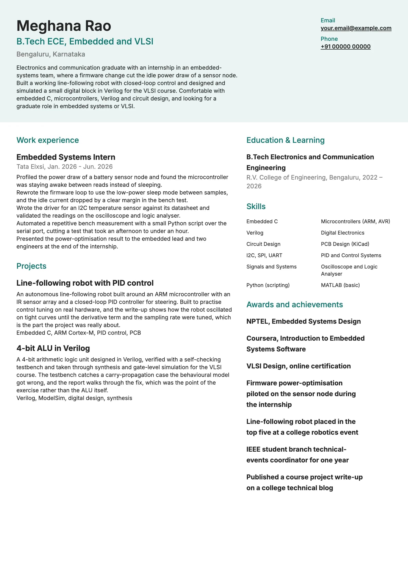 B.Tech Fresher resume example for Electronics branch, modern template, showing professional summary, work experience, projects, skills, education and certifications