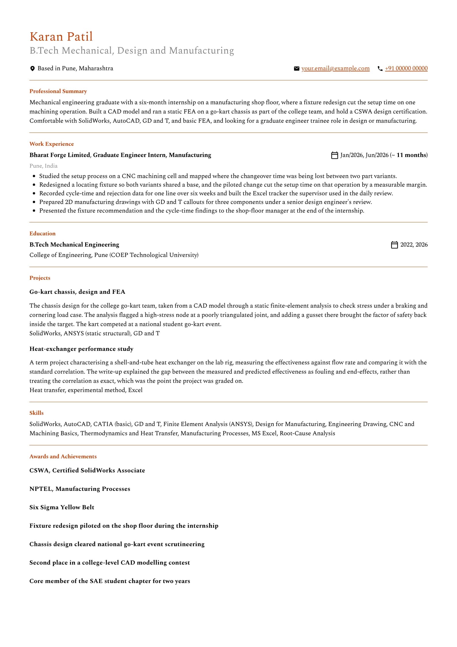 B.Tech Fresher resume example for Mechanical branch, professional template, showing professional summary, work experience, projects, skills, education and certifications