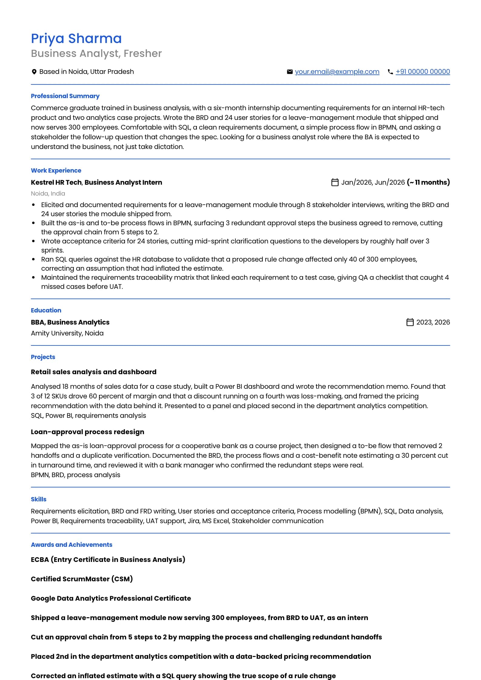 Business Analyst resume example for Fresher (0 to 1 year), minimalist template, showing professional summary, work experience, projects, skills, education and certifications