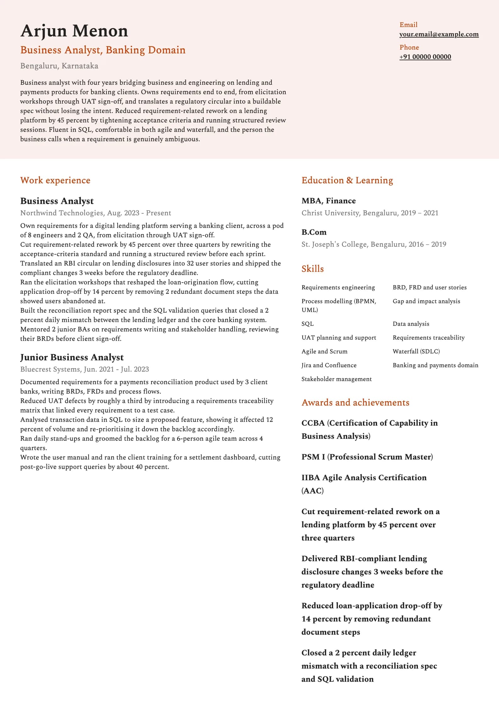 Business Analyst resume example for Mid-level BA (4 years), modern template, showing professional summary, work experience, skills, education and certifications