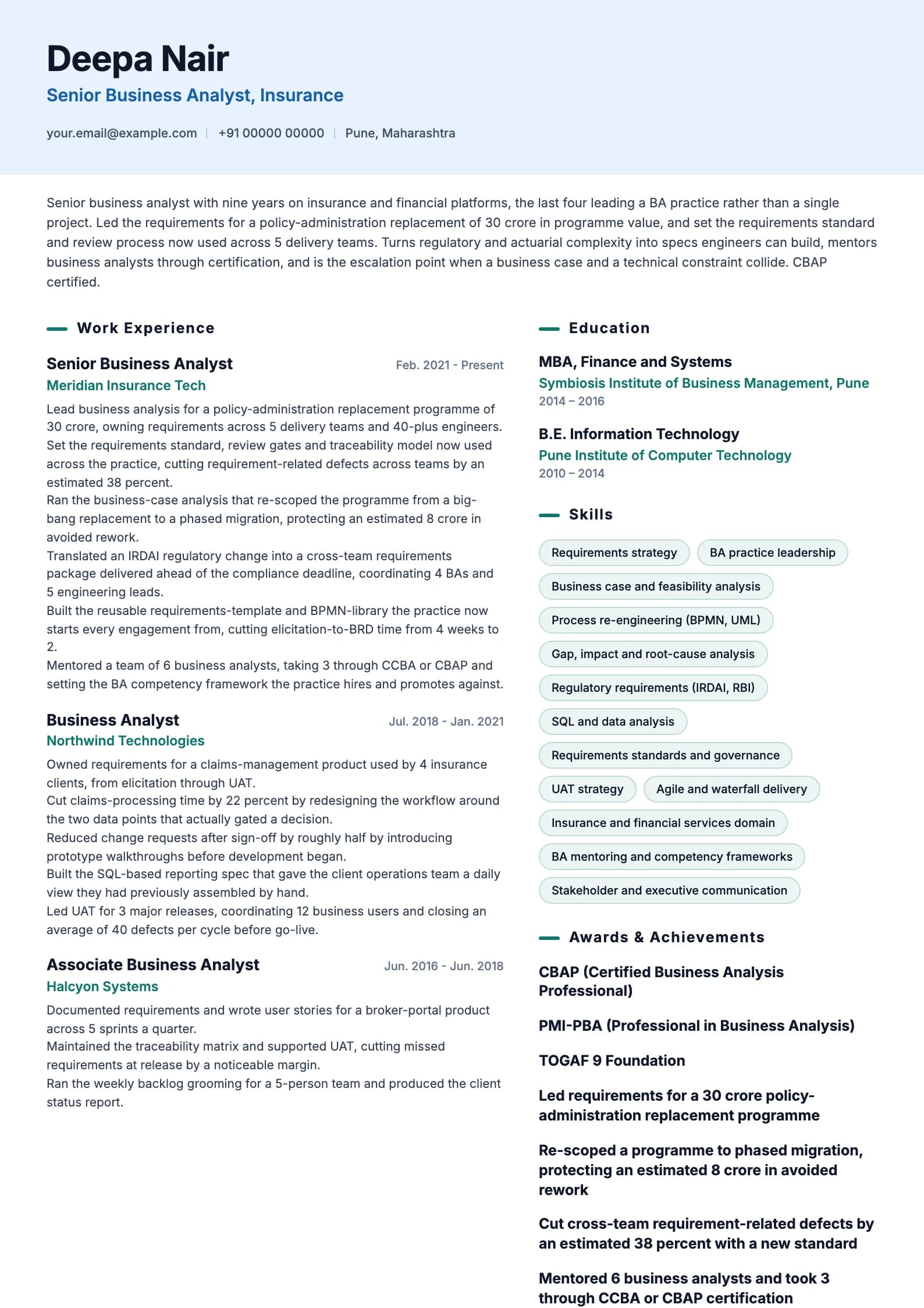 Business Analyst resume example for Senior BA (9 years), ai-era template, showing professional summary, work experience, skills, education and certifications