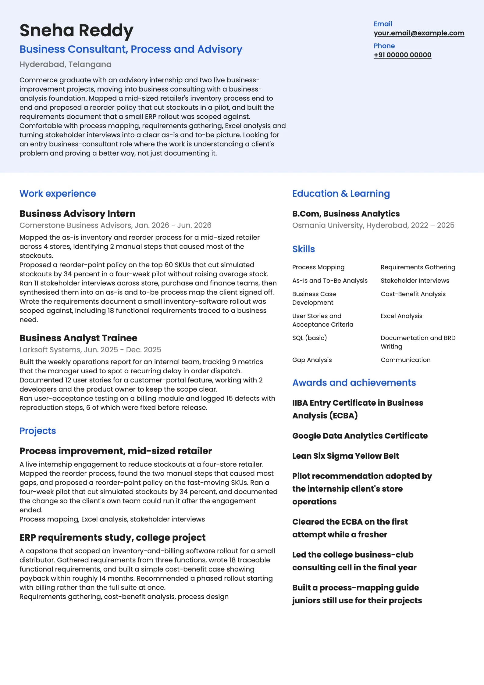 Business Consultant resume example for Fresher (0 to 1 year), modern template, showing professional summary, work experience, projects, skills, education and certifications